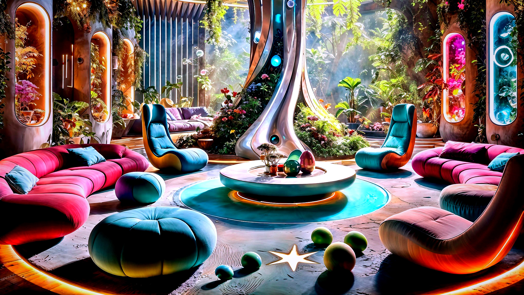Futuristic Living Space with Circular Seating and Greenery