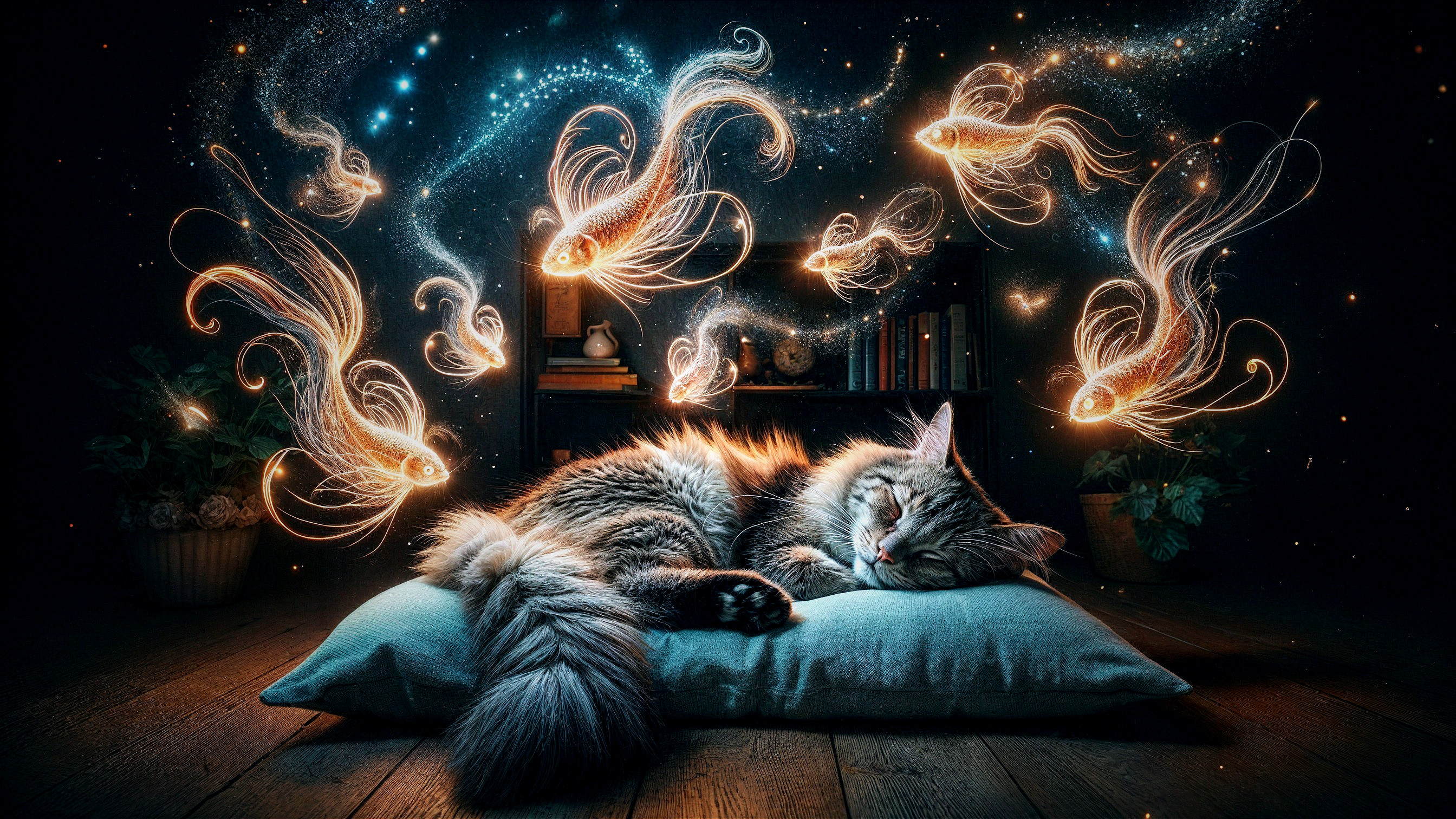 Fluffy Cat Sleeping with Glowing Fish in Dreamy Atmosphere
