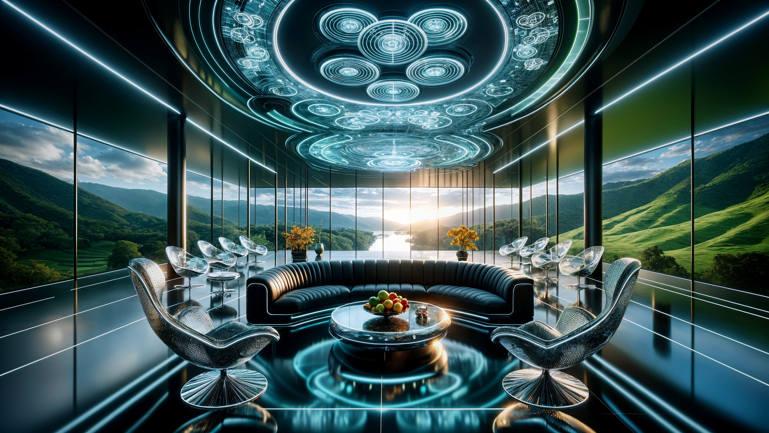 Modern Lounge with Glass Walls and Elegant Decor