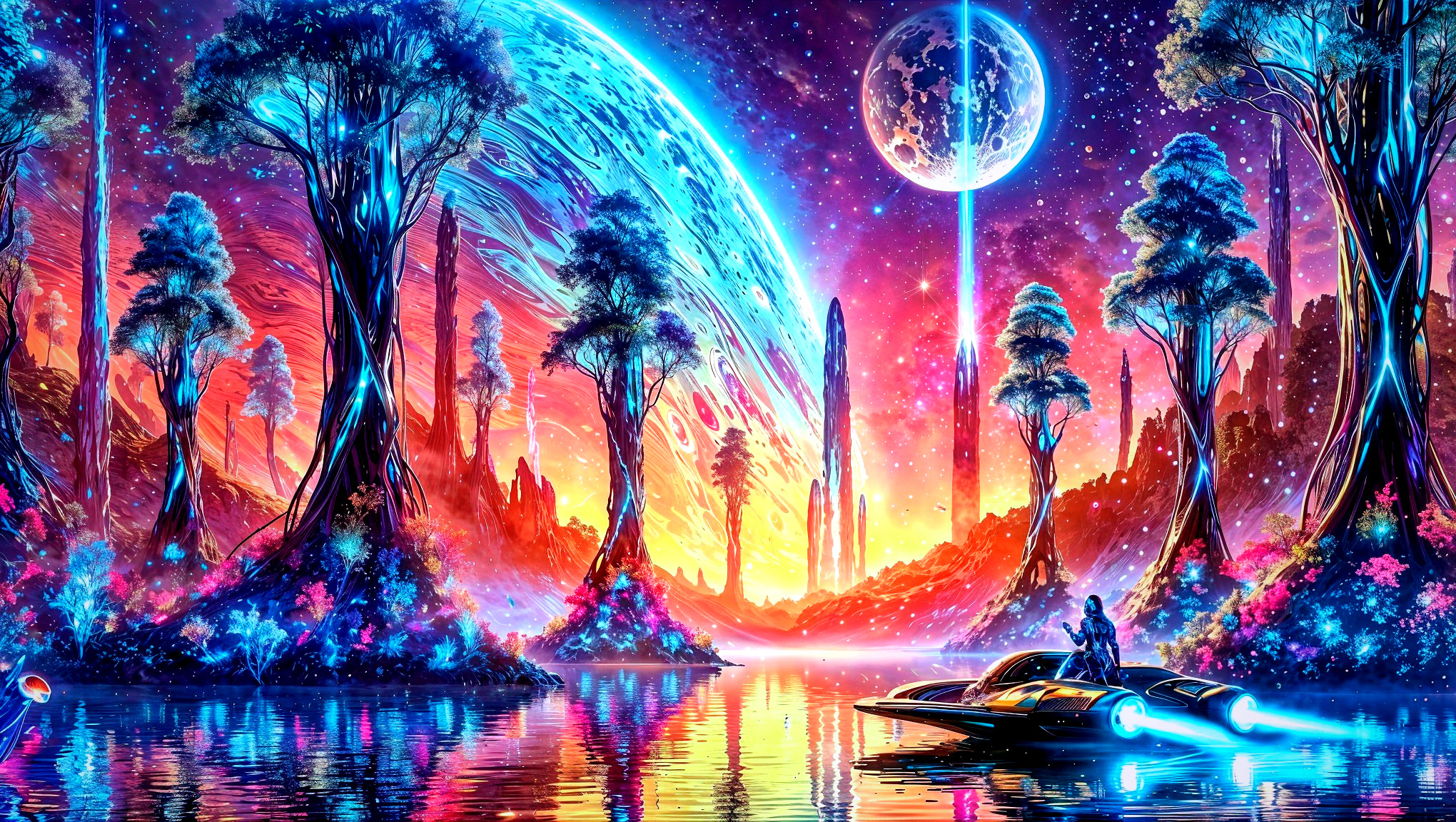 Vibrant Sci-Fi Landscape with Luminescent Trees and Lake