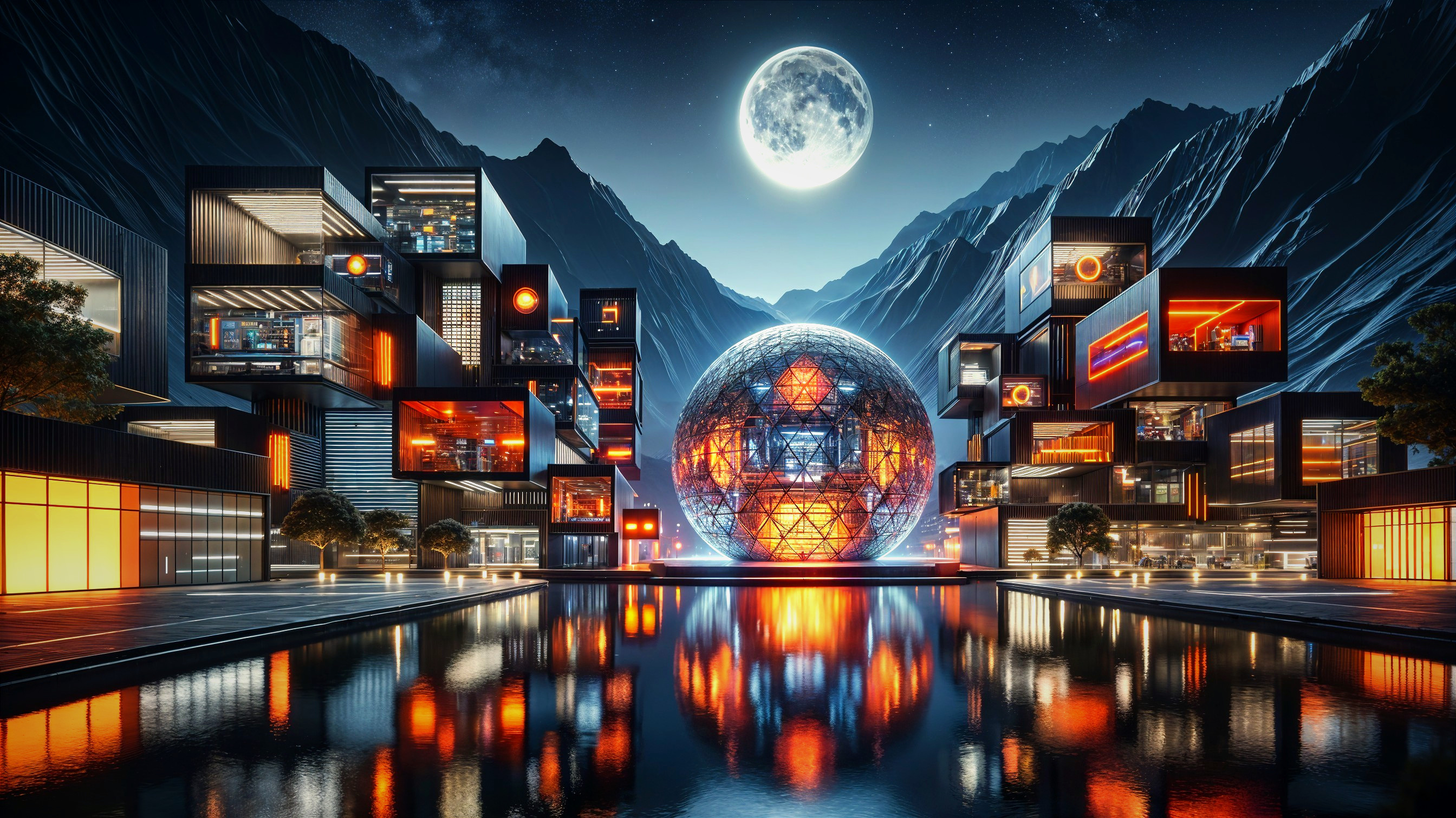 Futuristic Landscape with Modern Architecture and Mountains