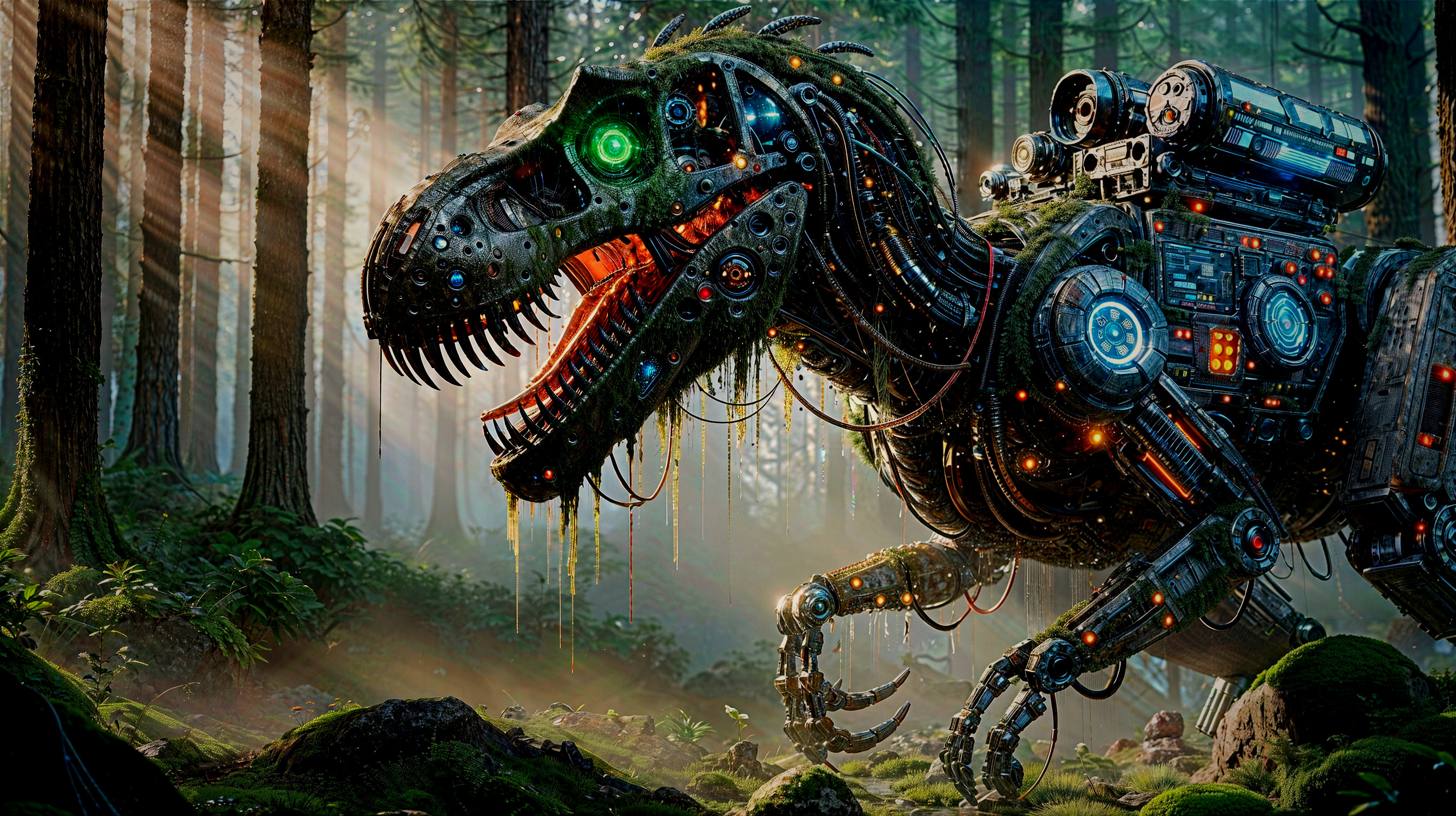 Mechanical Dinosaur in a Lush Forest Setting