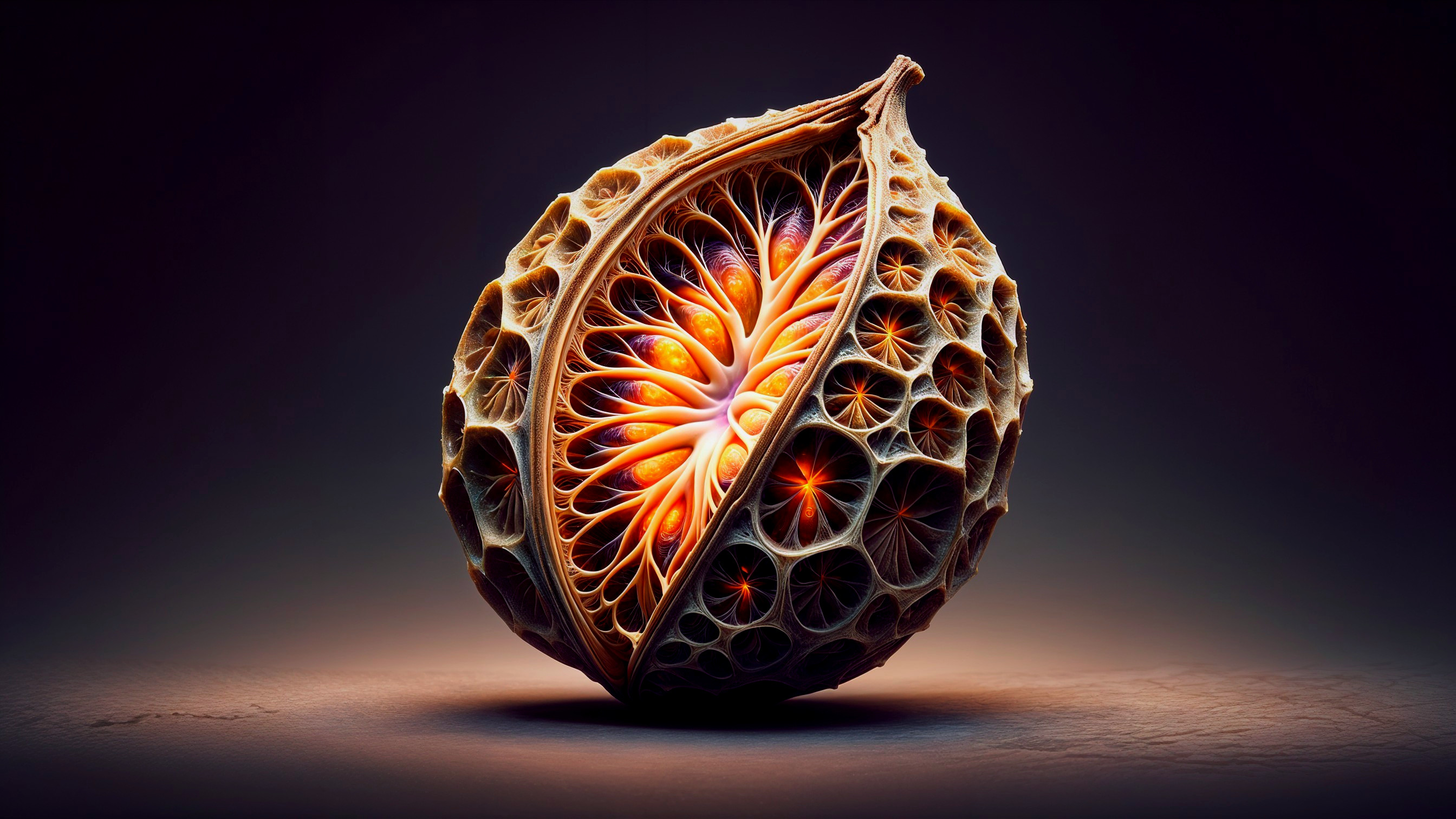 Intricate Organic Seed Pod Structure with Glowing Interior