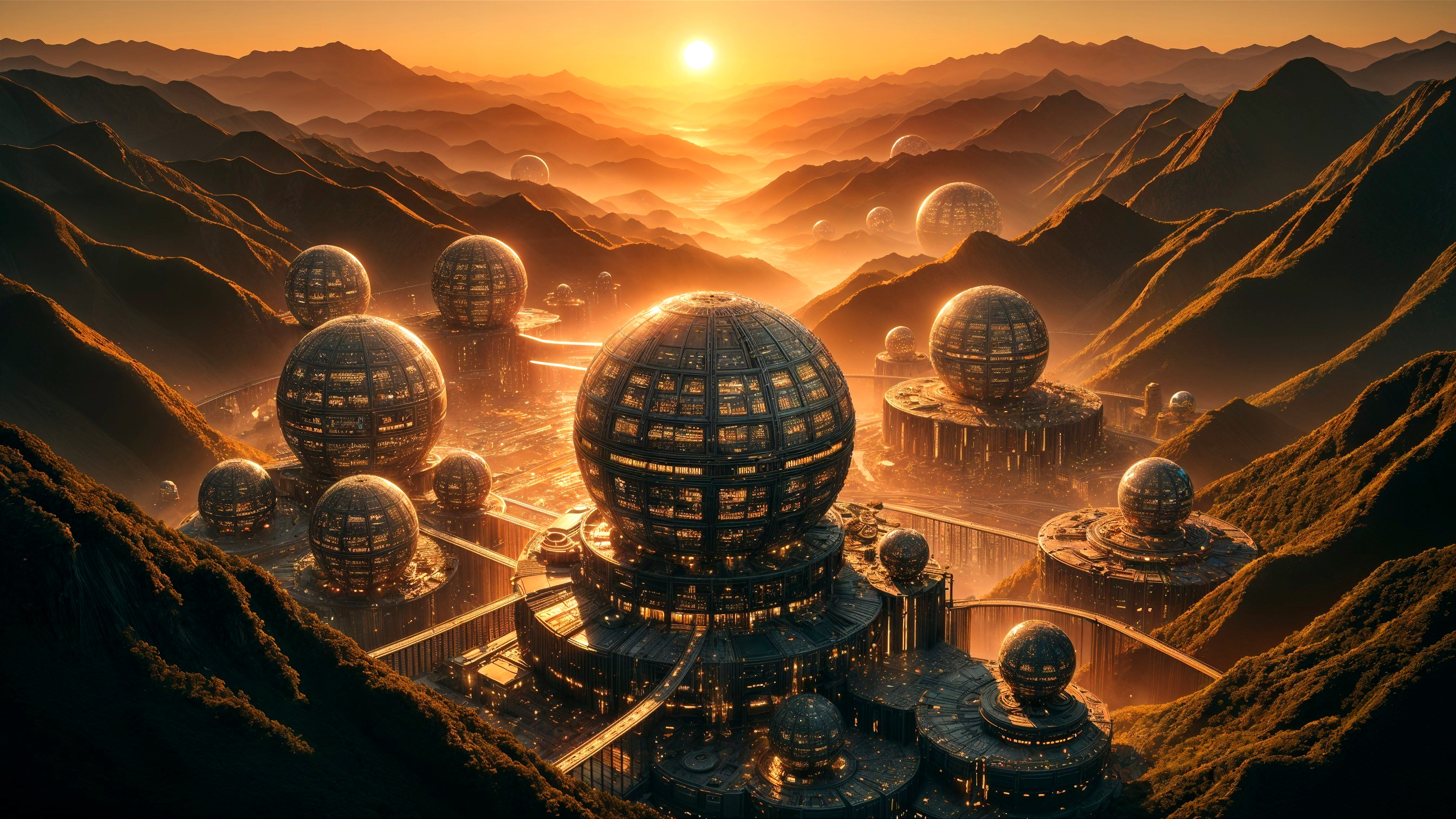 Futuristic Landscape with Spherical Structures at Sunset