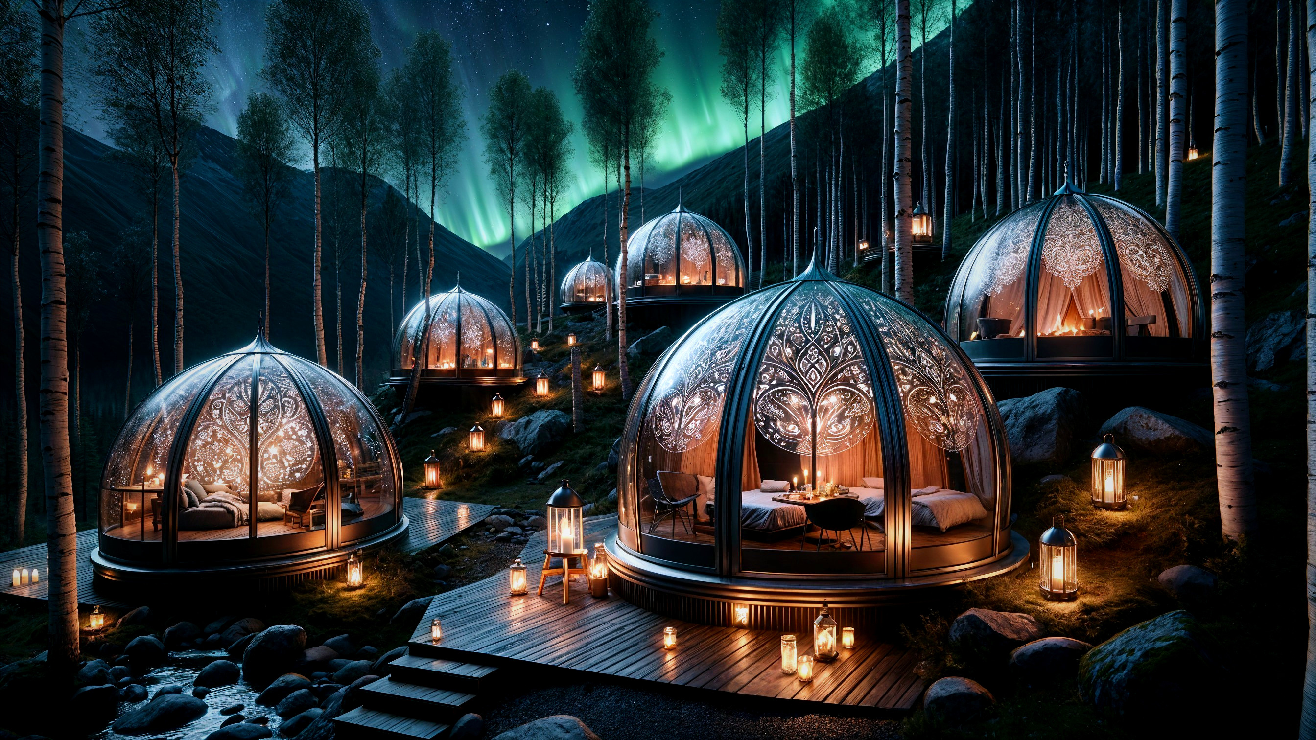 Glass Domes in Forest with Northern Lights and Luxury Interiors