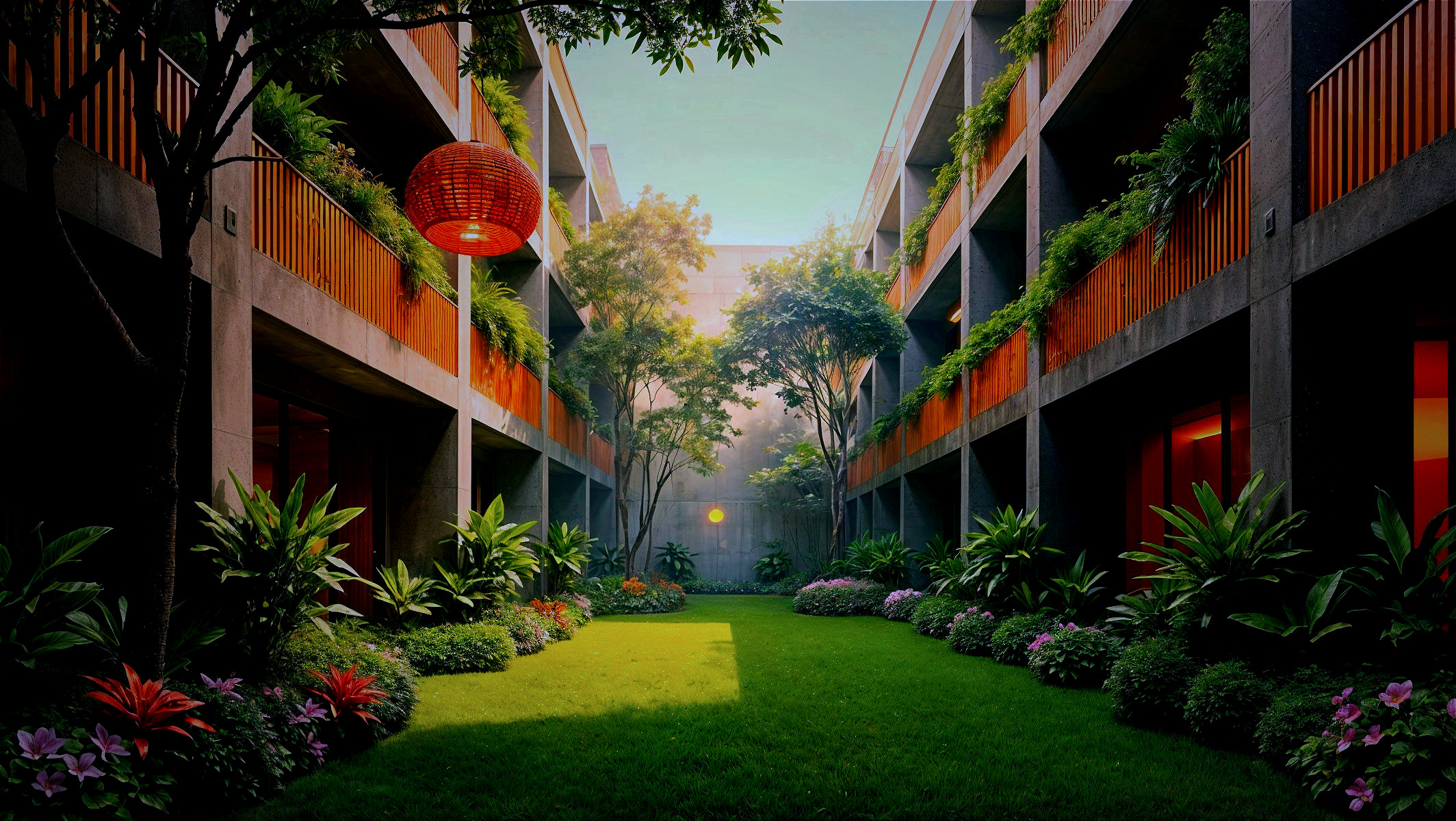 Serene Courtyard with Lush Greenery and Lanterns