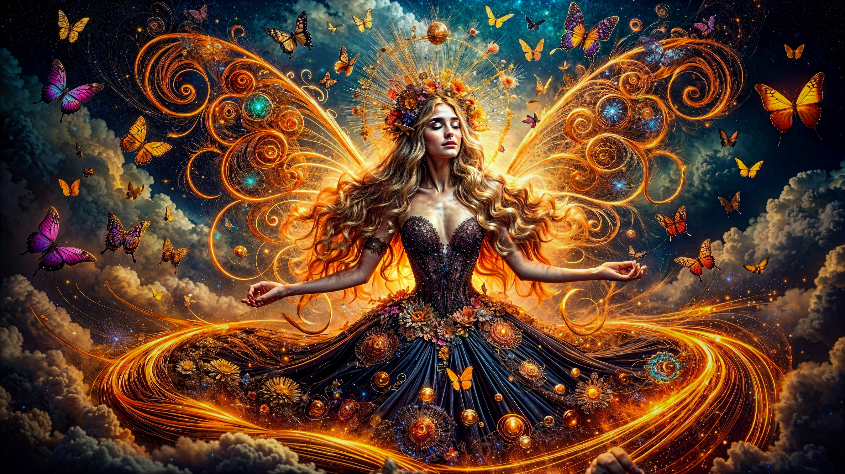 Beautiful woman in ornate gown with butterflies and light