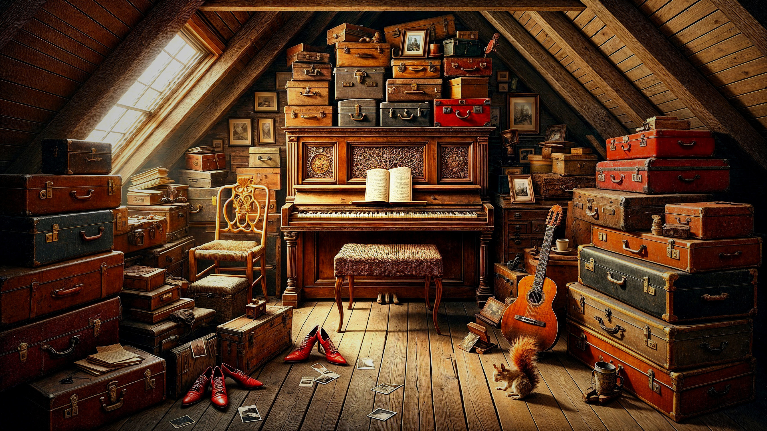 Vintage Attic with Suitcases, Piano, and Photographs