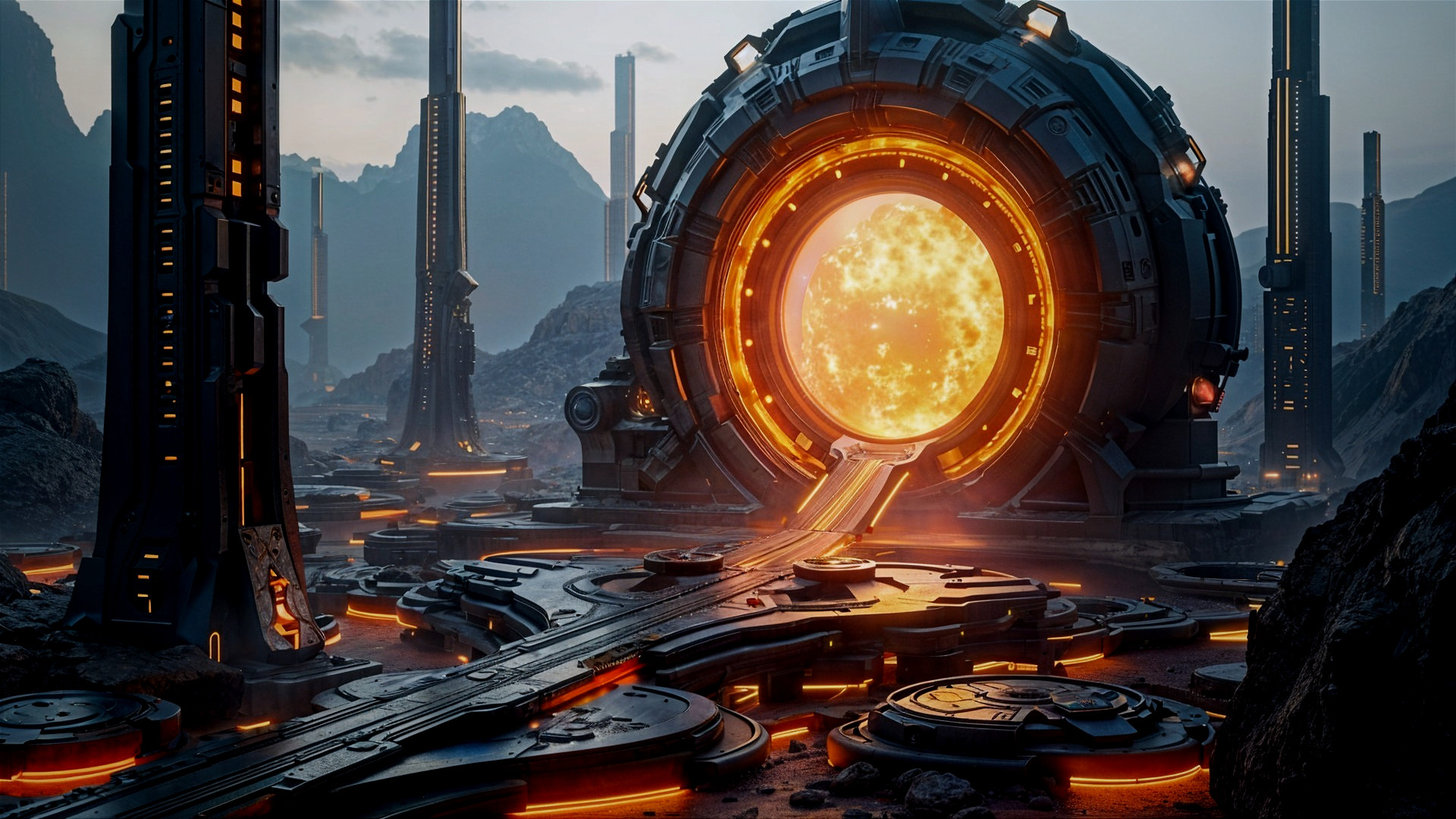 Futuristic Portal in Alien Landscape with Spires