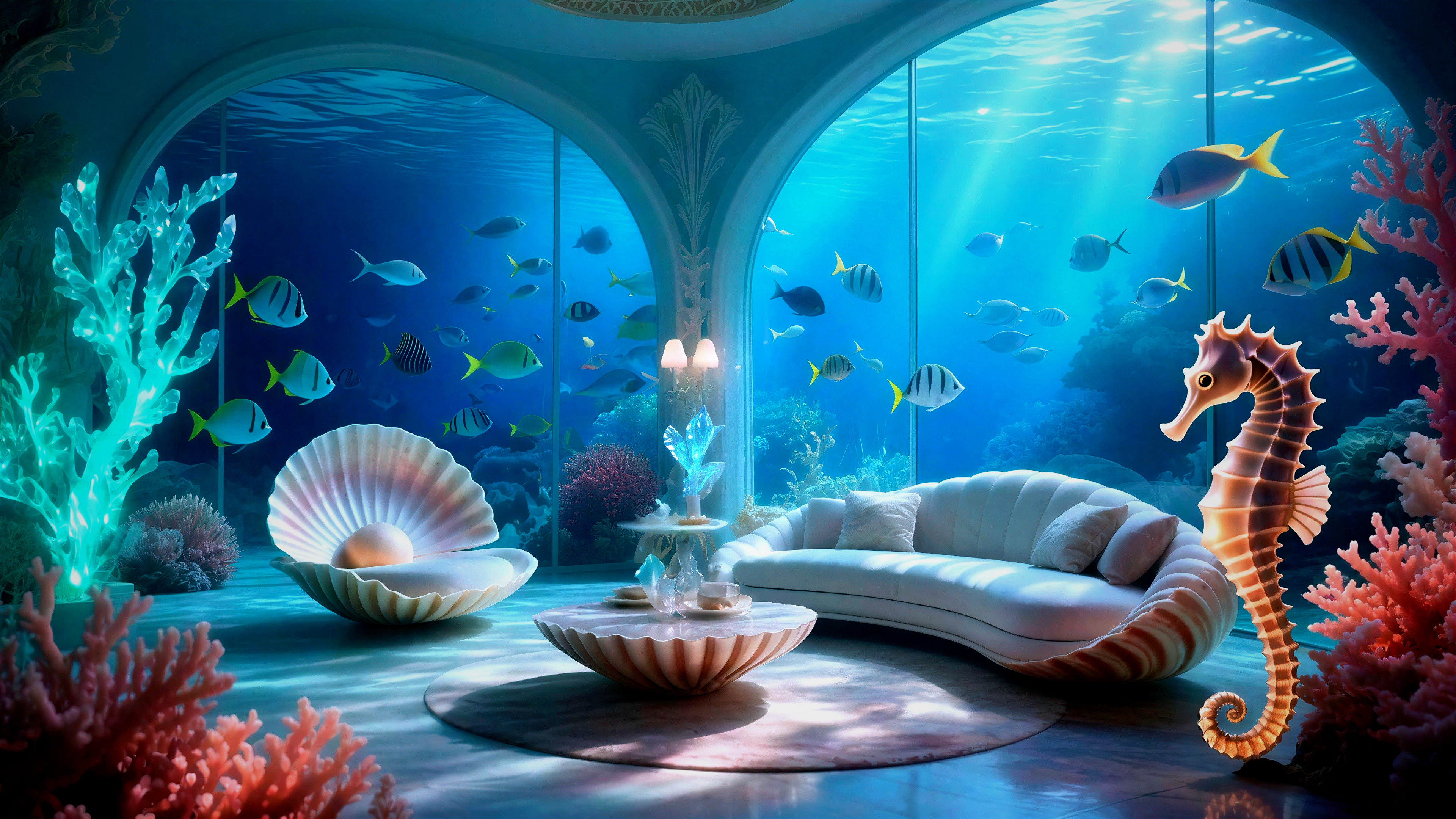 Opulent Underwater Living Room with Marine Views
