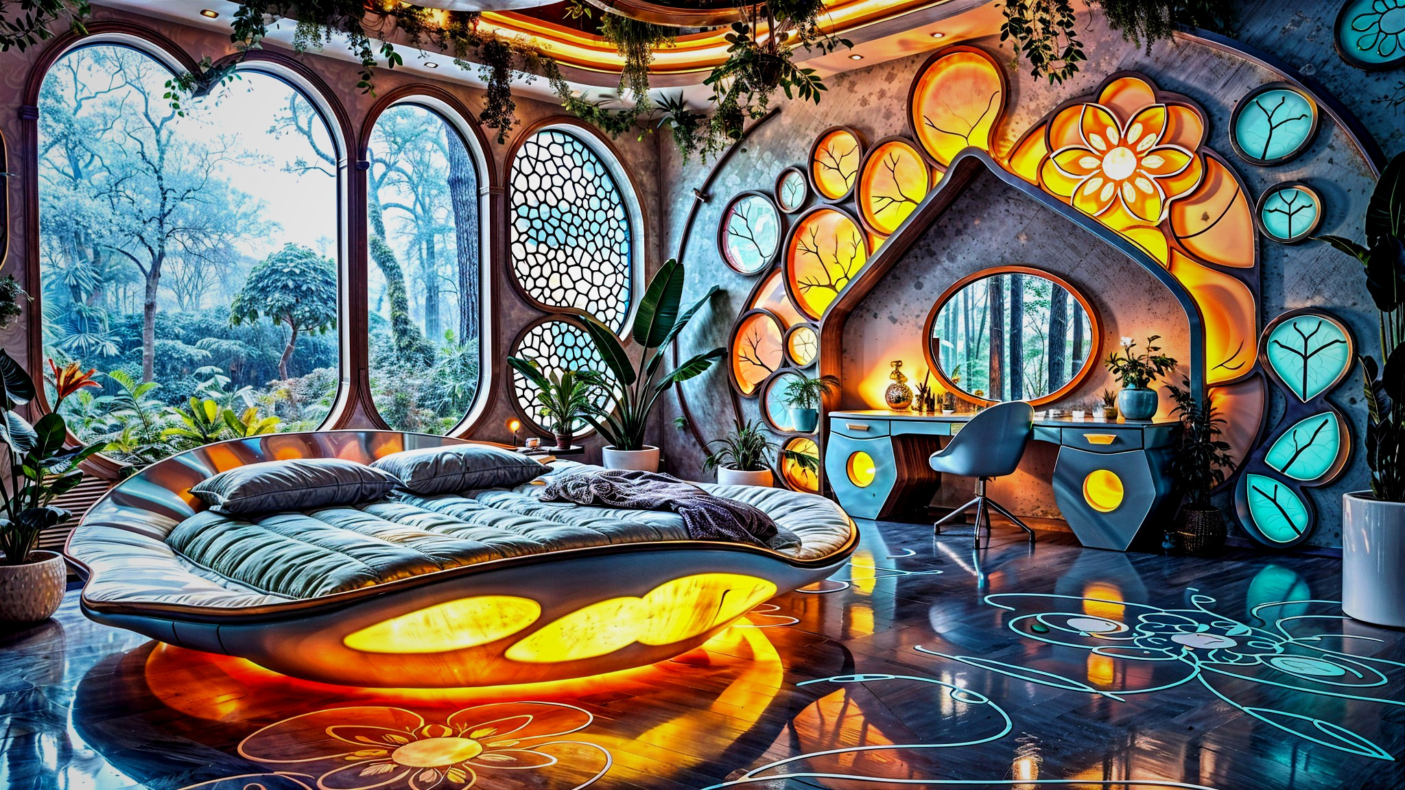 Vibrant Bedroom with Seashell-Shaped Glowing Bed