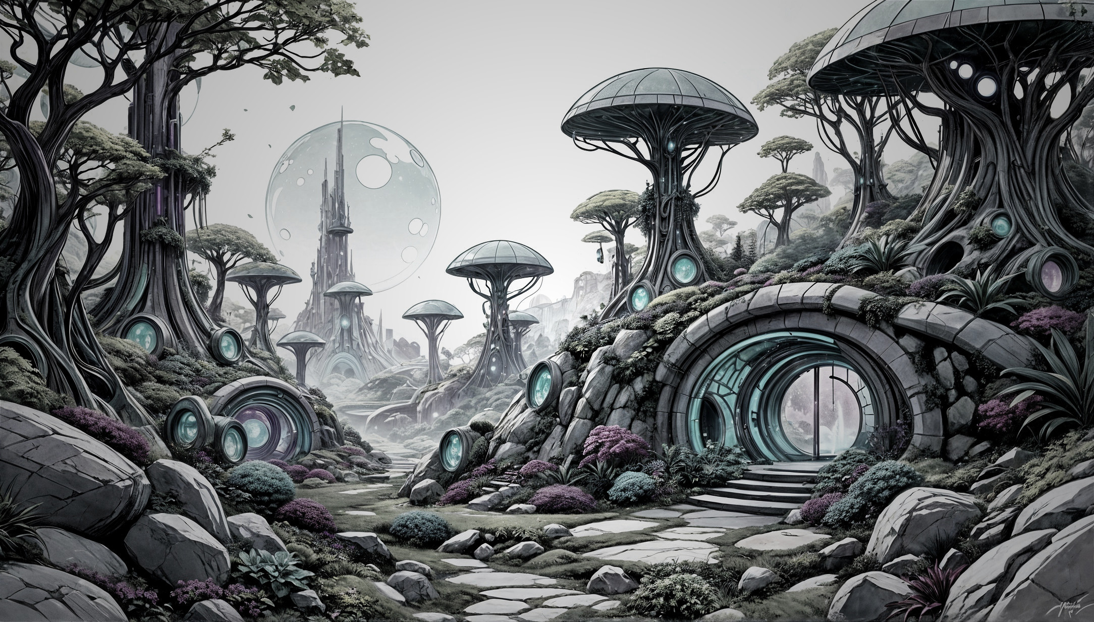 Surreal Landscape with Mushroom Trees and Futuristic Tower