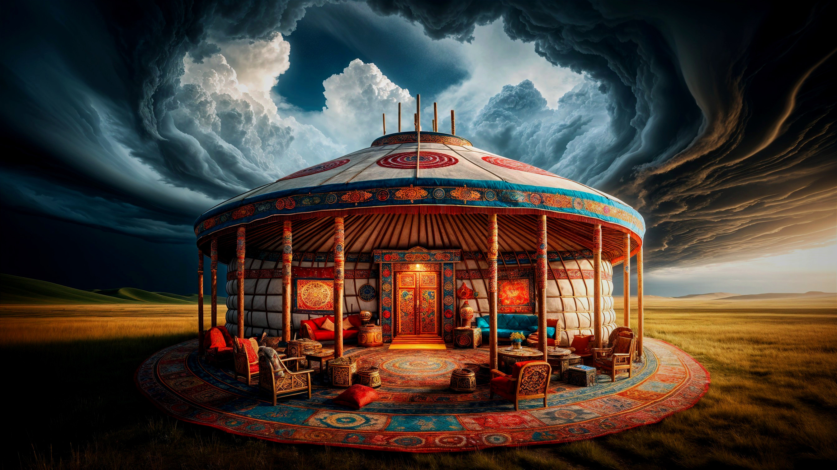 Adorned Yurt in Expansive Grassy Landscape Under Sky