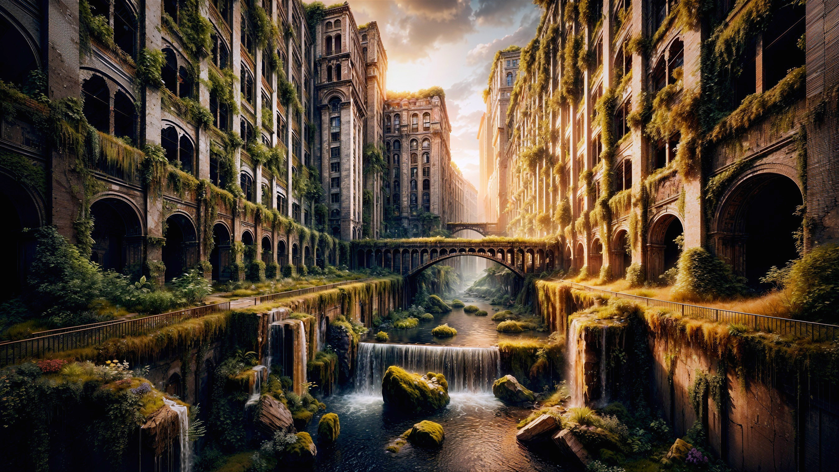Overgrown Cityscape with Nature and Waterfalls