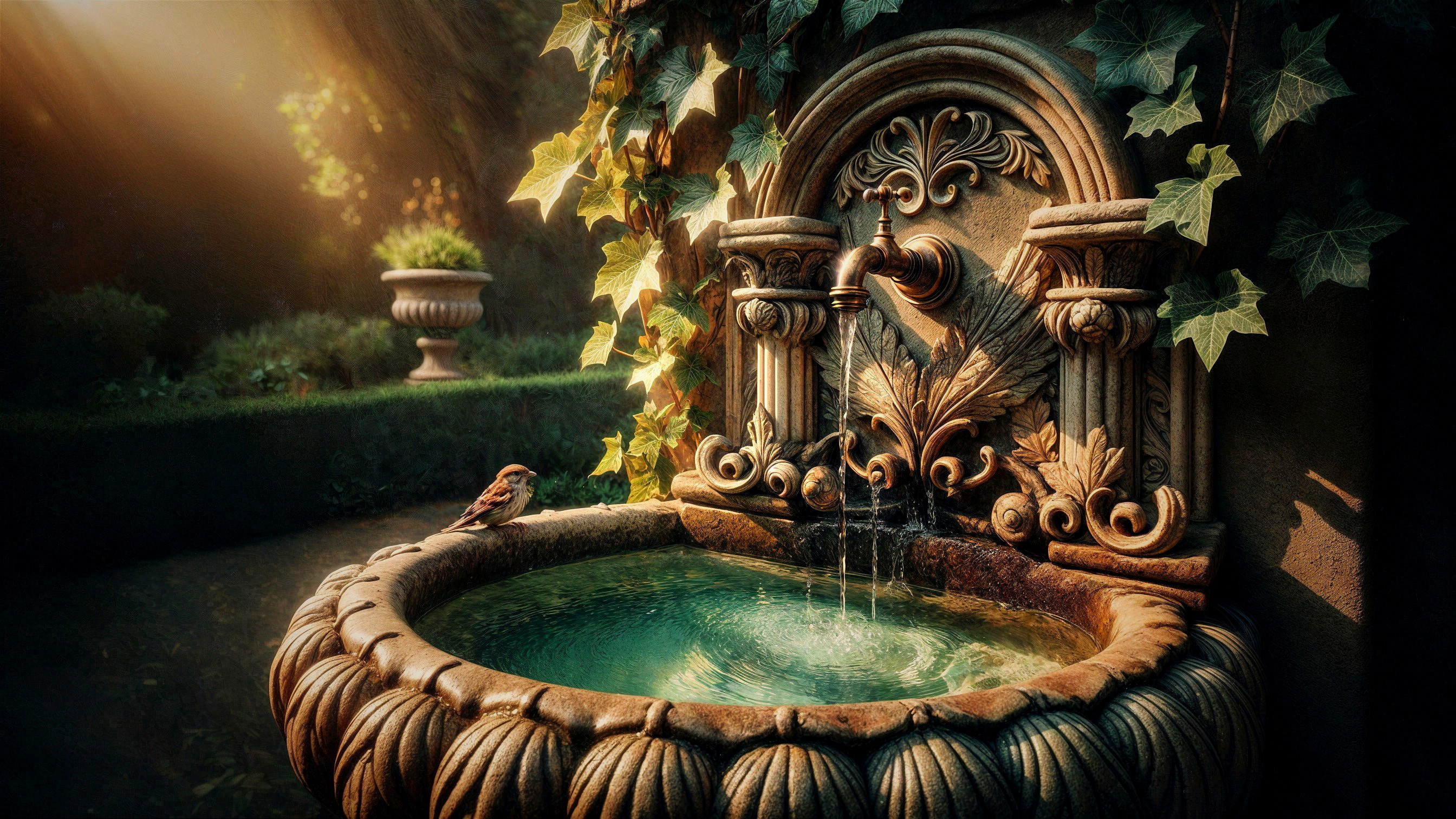 Intricate Stone Fountain in a Serene Garden Setting