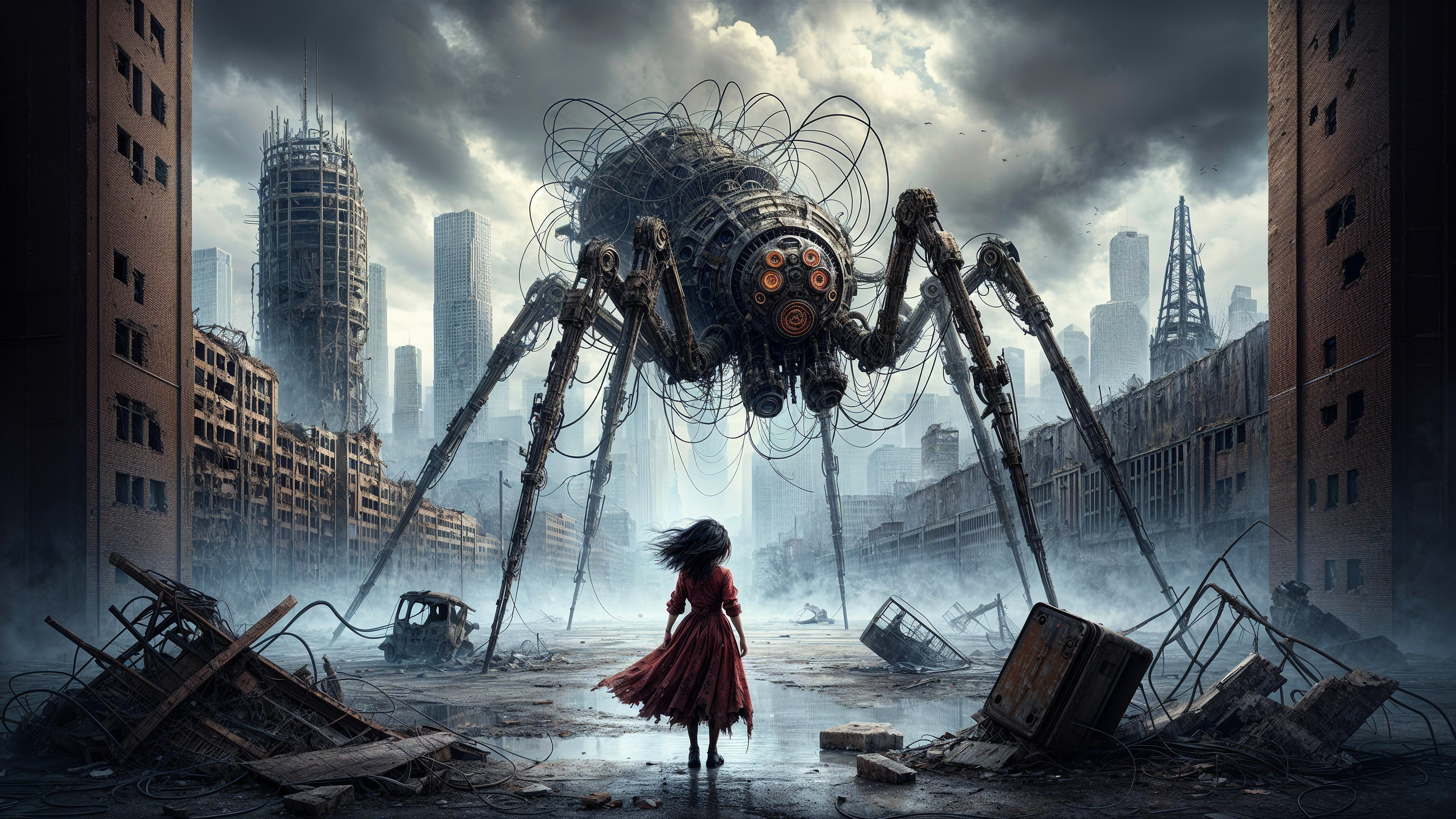 Dystopian Cityscape with Girl and Mechanical Spider
