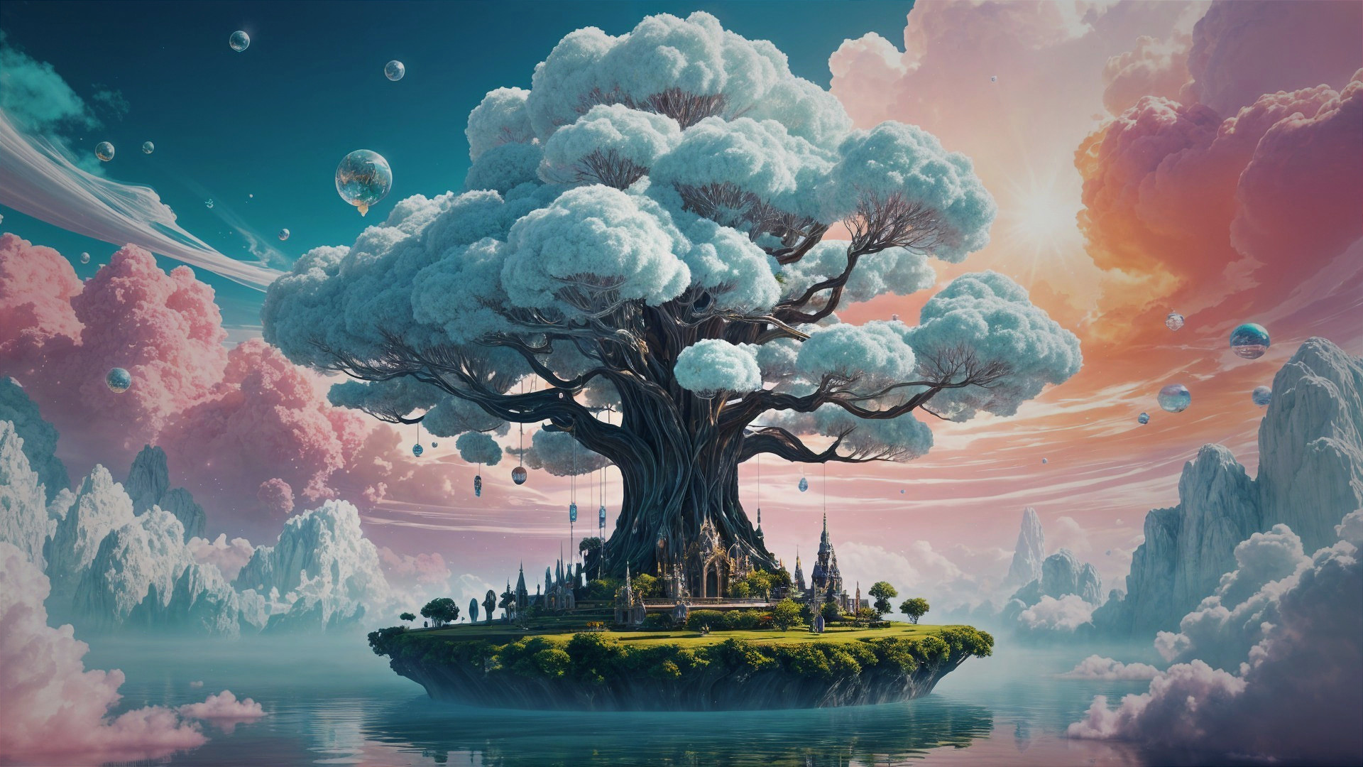 Majestic Tree on Floating Island with Ethereal Landscape