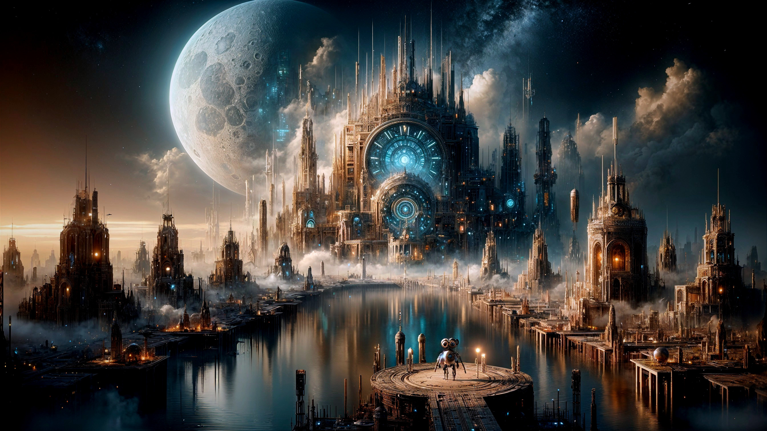 Futuristic cityscape with vibrant lights and architecture