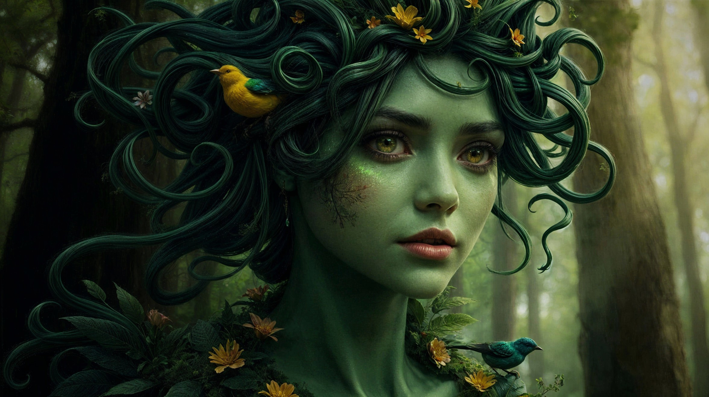 Mystical figure in lush forest with floral patterns
