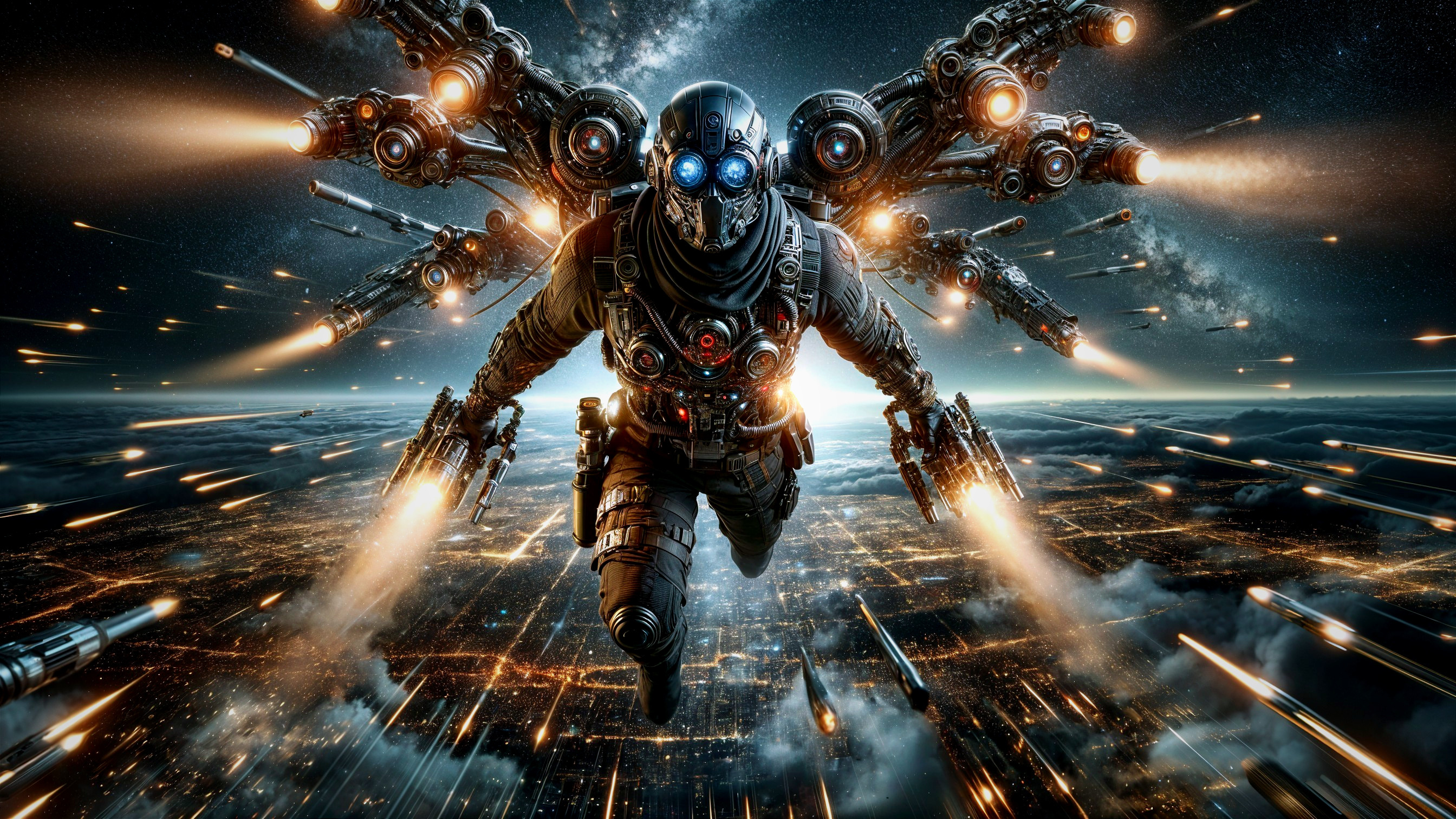 Futuristic Warrior in High-Tech Suit Amidst Explosions