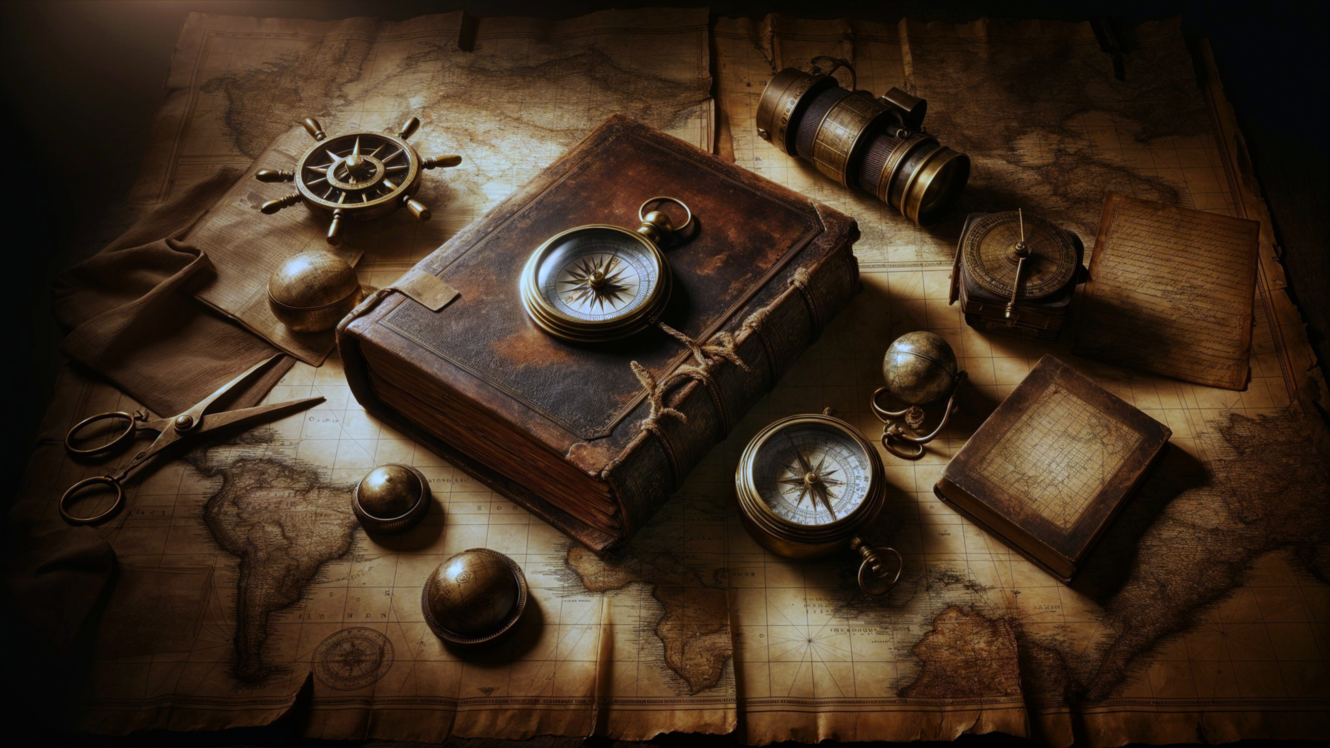 Antique Map with Exploration Artifacts and Lighting