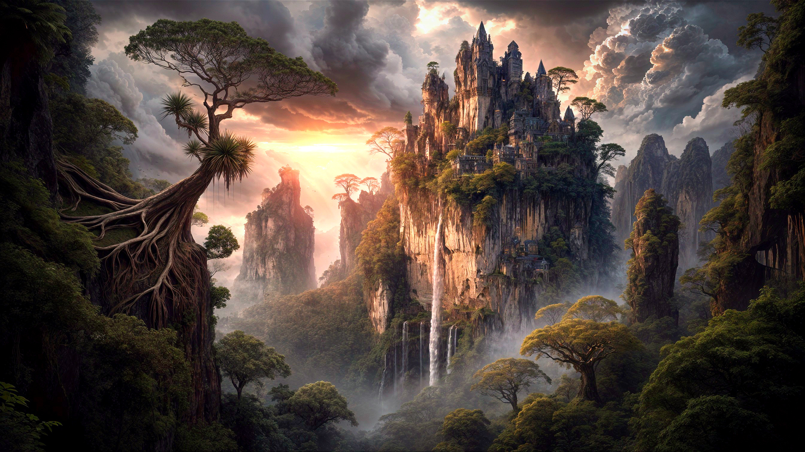Dramatic Landscape with Towering Rock Formations and Waterfalls