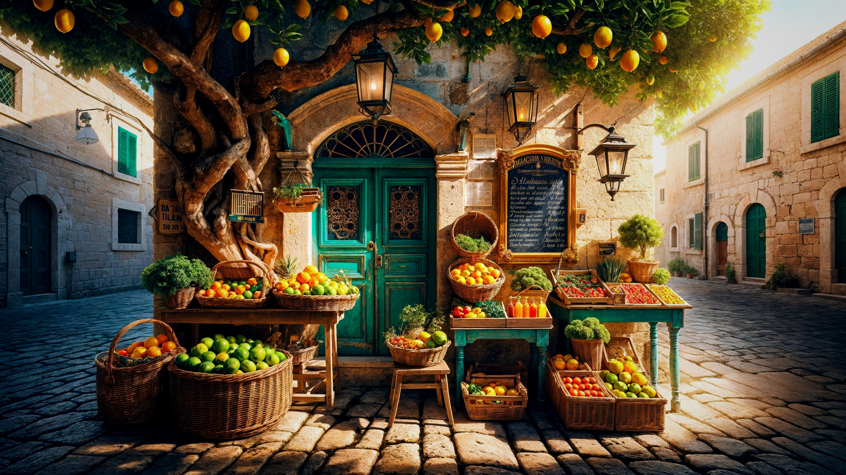 Vibrant Market Scene with Fruits and Rustic Decor