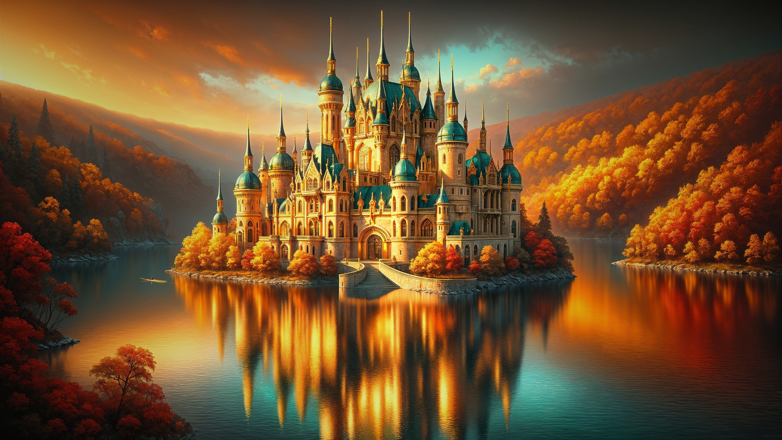 Majestic castle on an island with autumn scenery