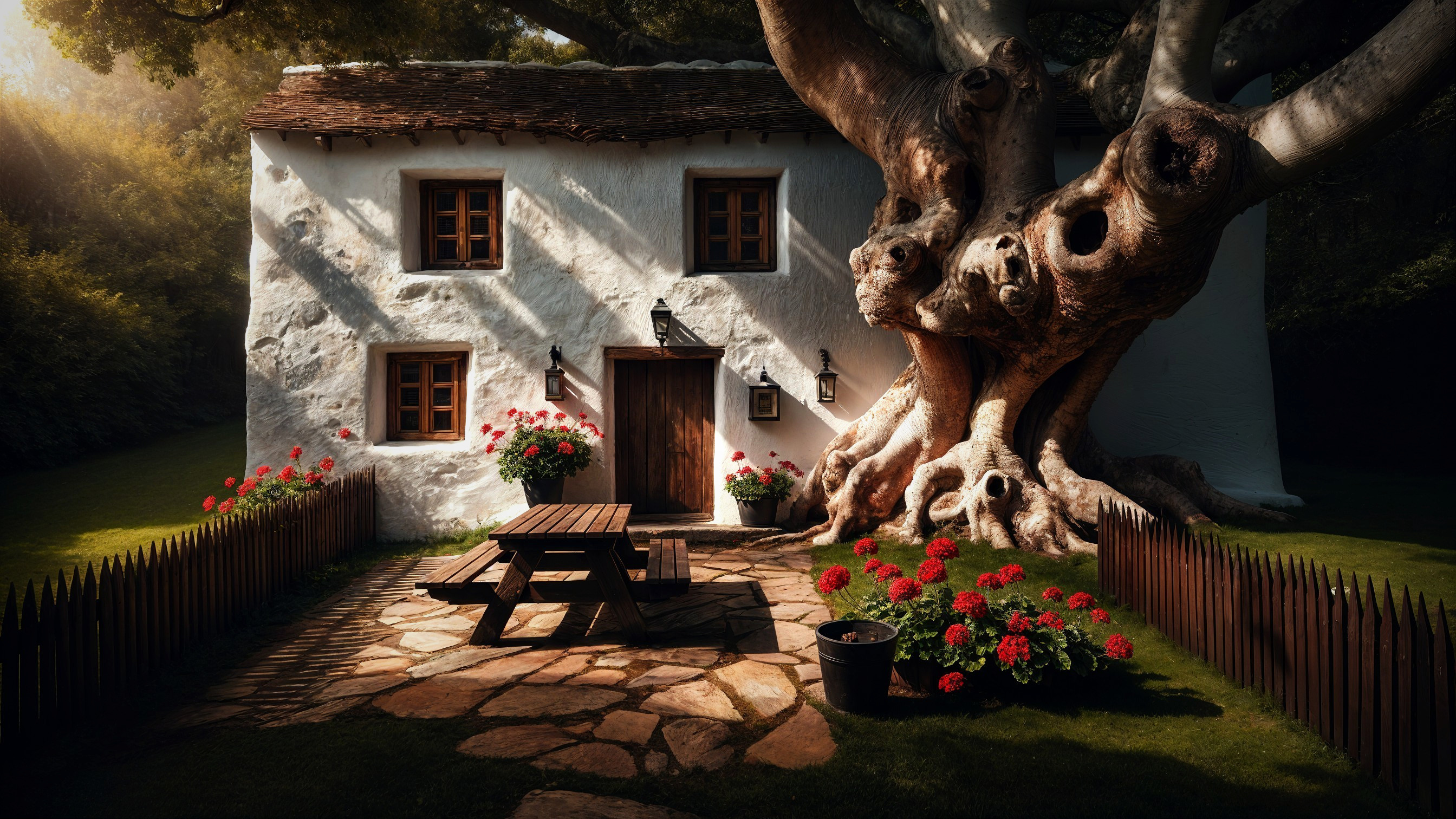 White-washed cottage with tree and garden details