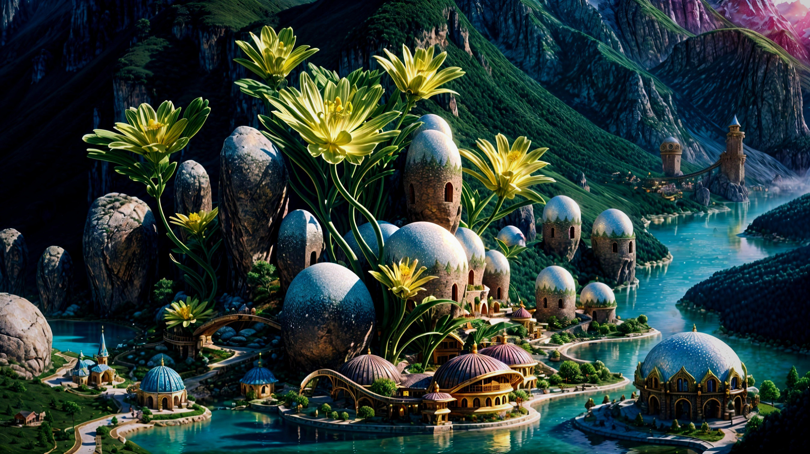 Whimsical Landscape with Colorful Flowers and Domes