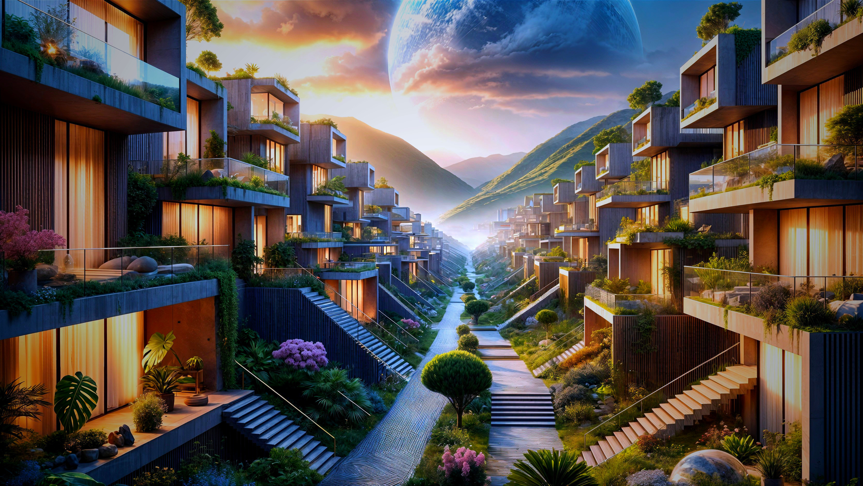 Futuristic Residential Area with Modern Homes and Gardens