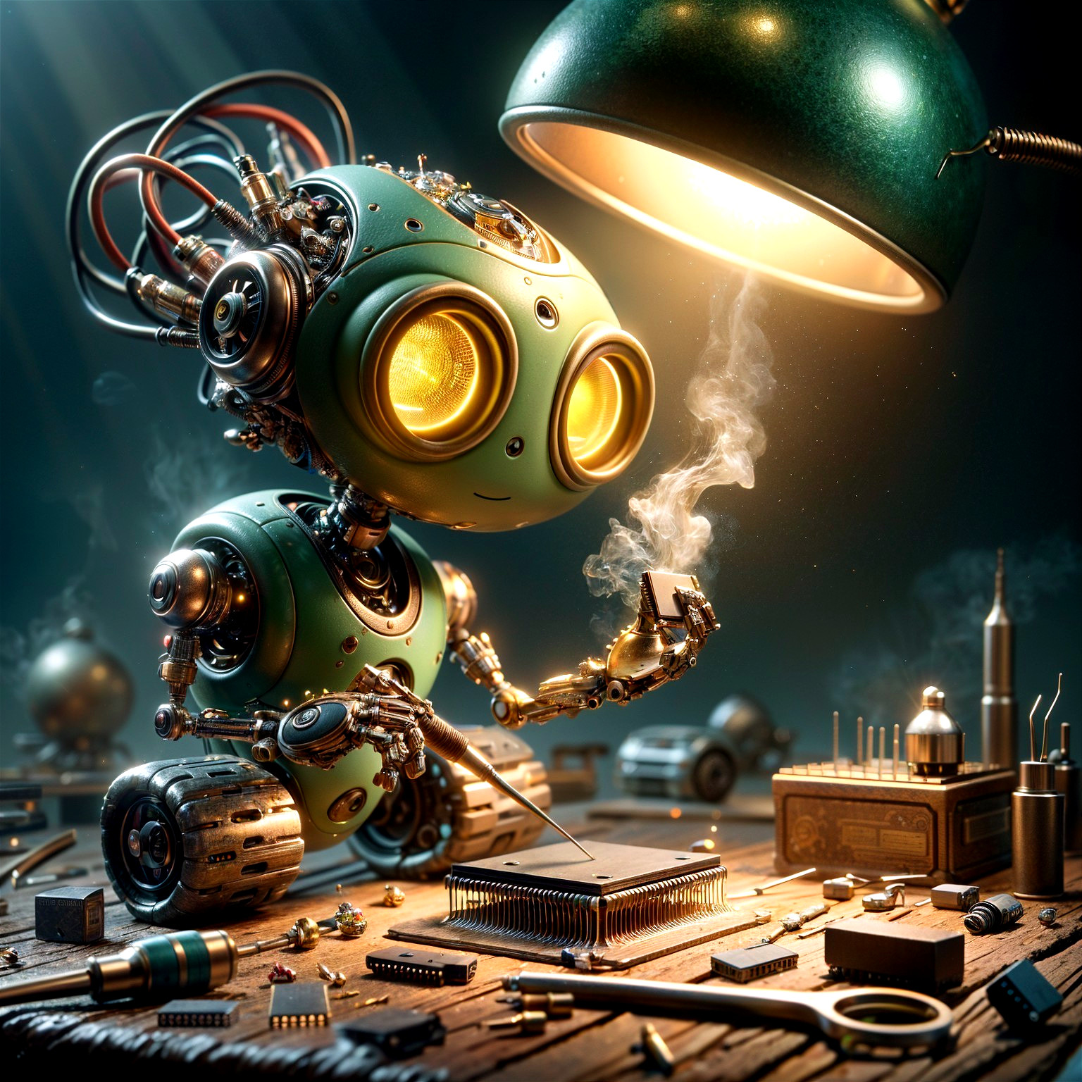 Whimsical Robot at a Cluttered Workbench Scene