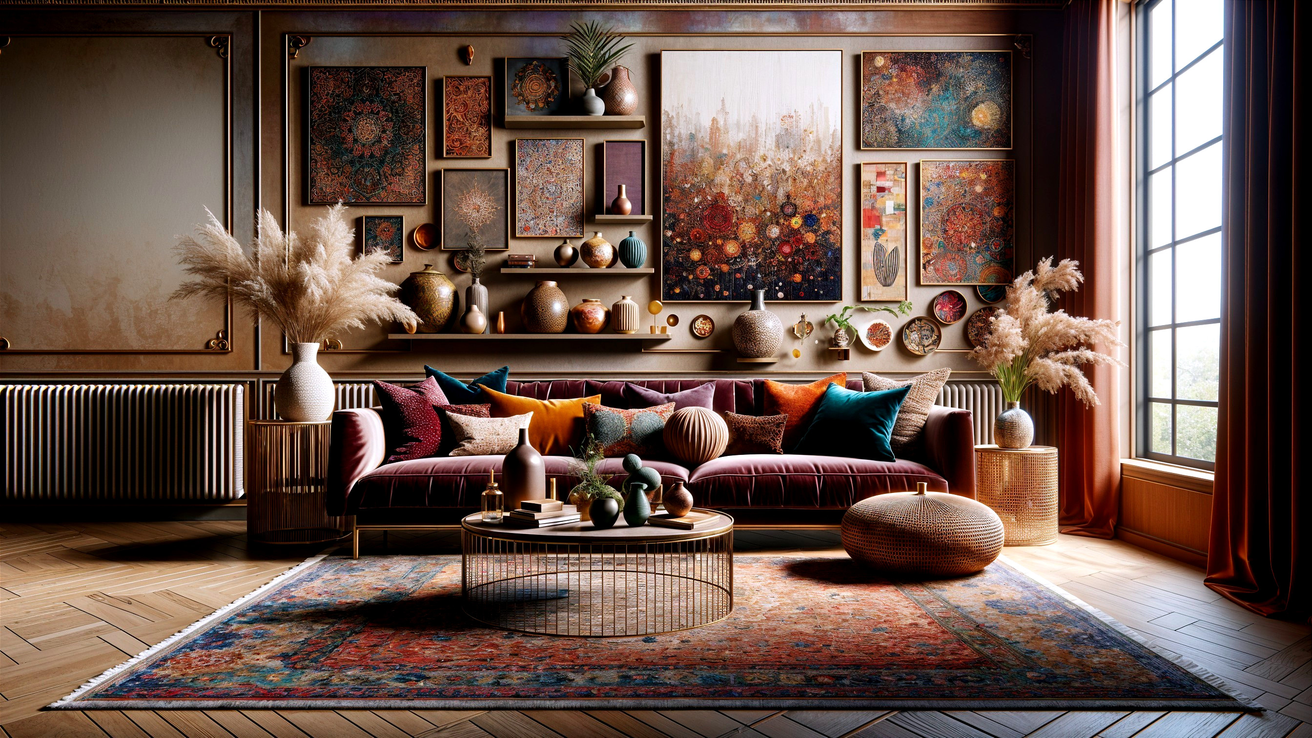 Stylish Living Room with Burgundy Velvet Sofa and Art