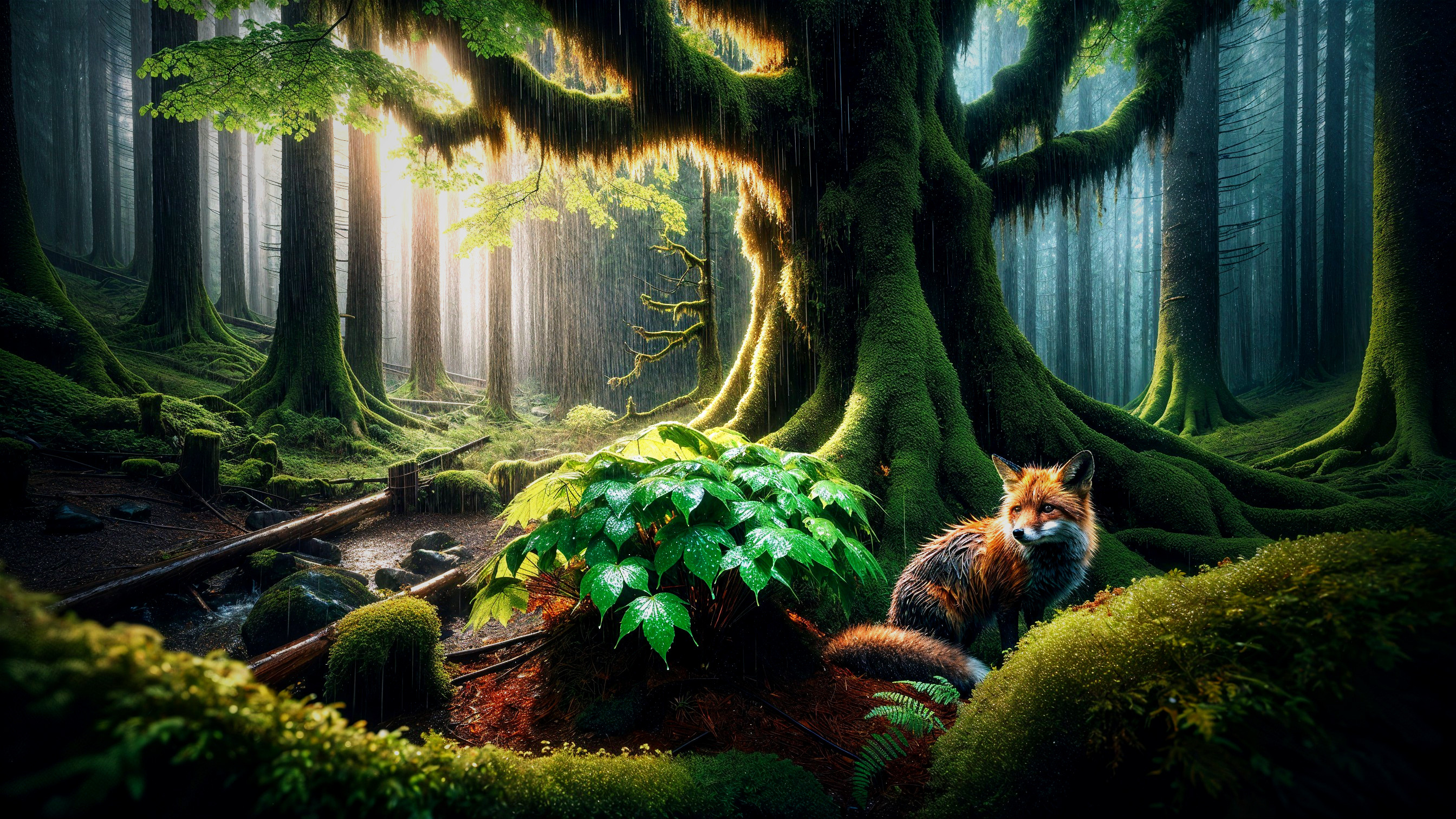 Mystical forest with sunlight, moss, and a fox