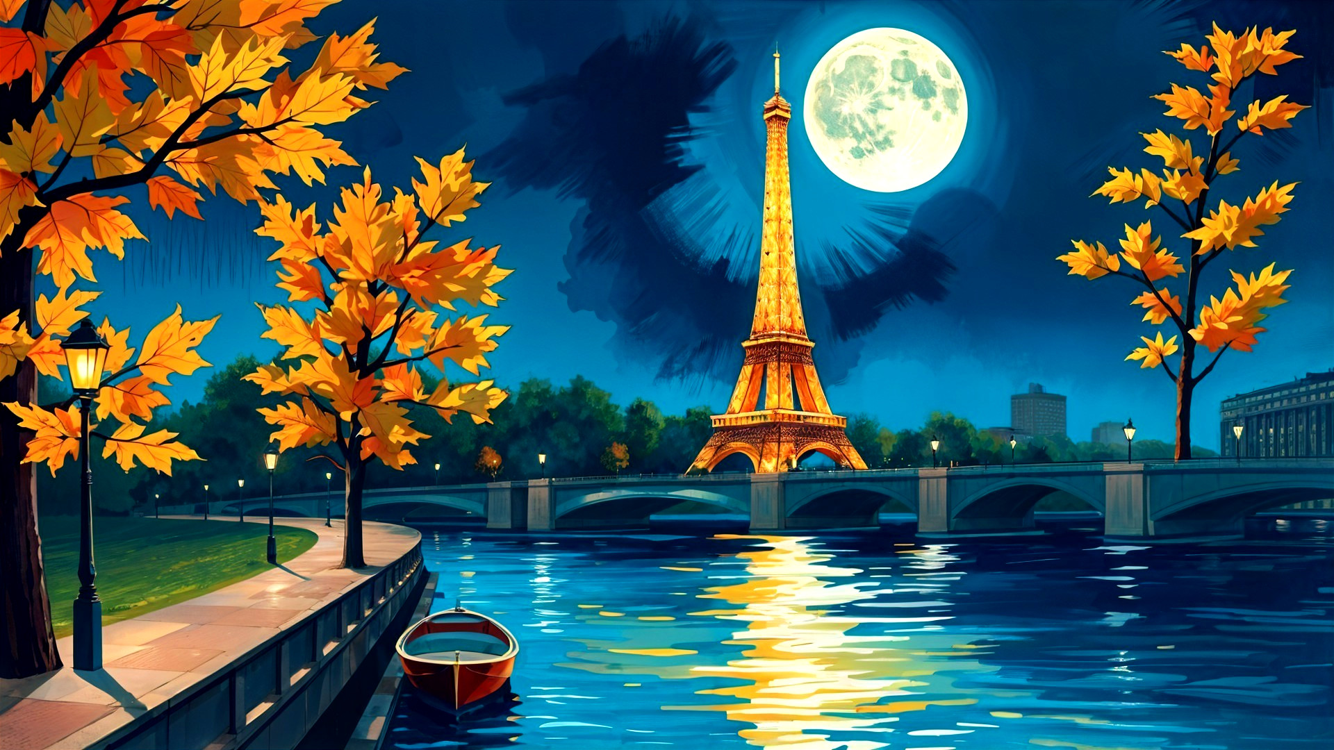 Eiffel Tower Night Scene with Autumn Trees and River