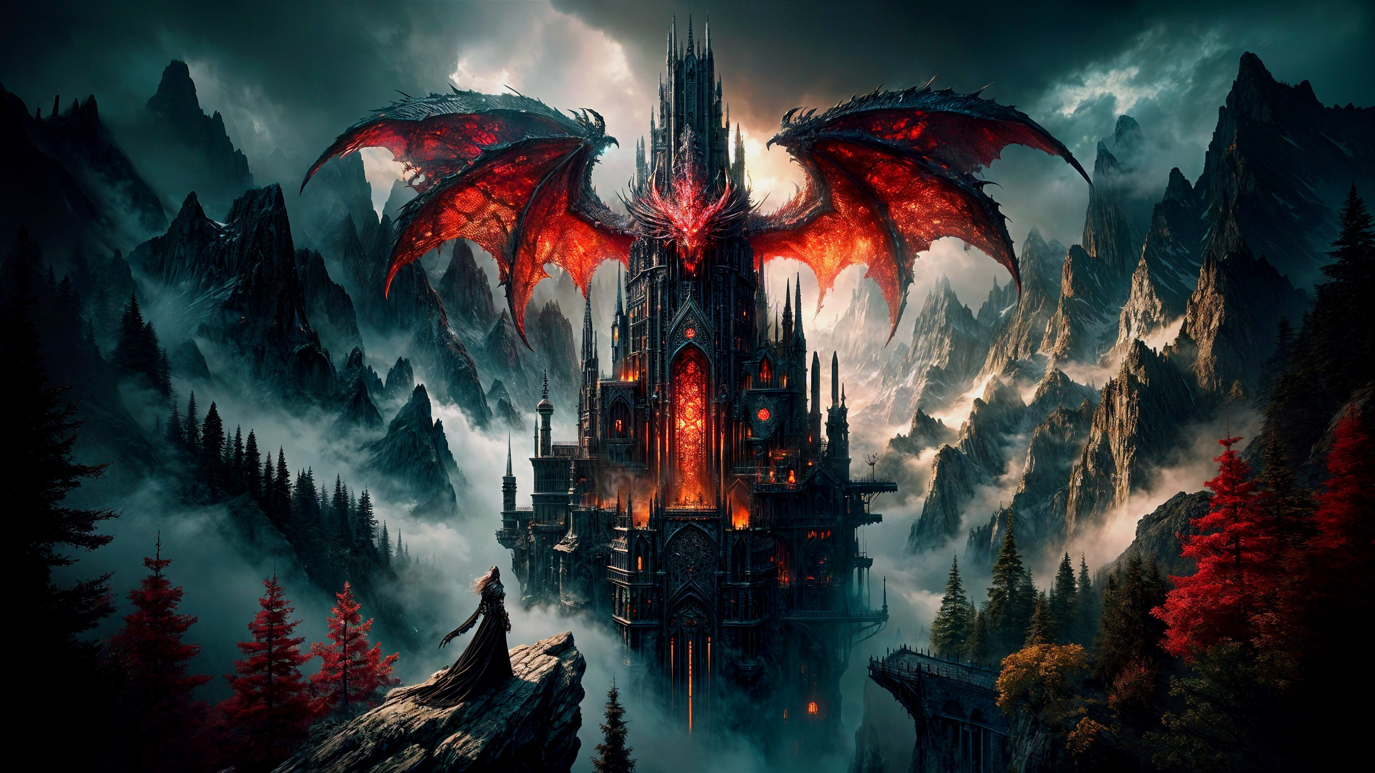 Dark Castle with Dragon in Misty Mountain Landscape