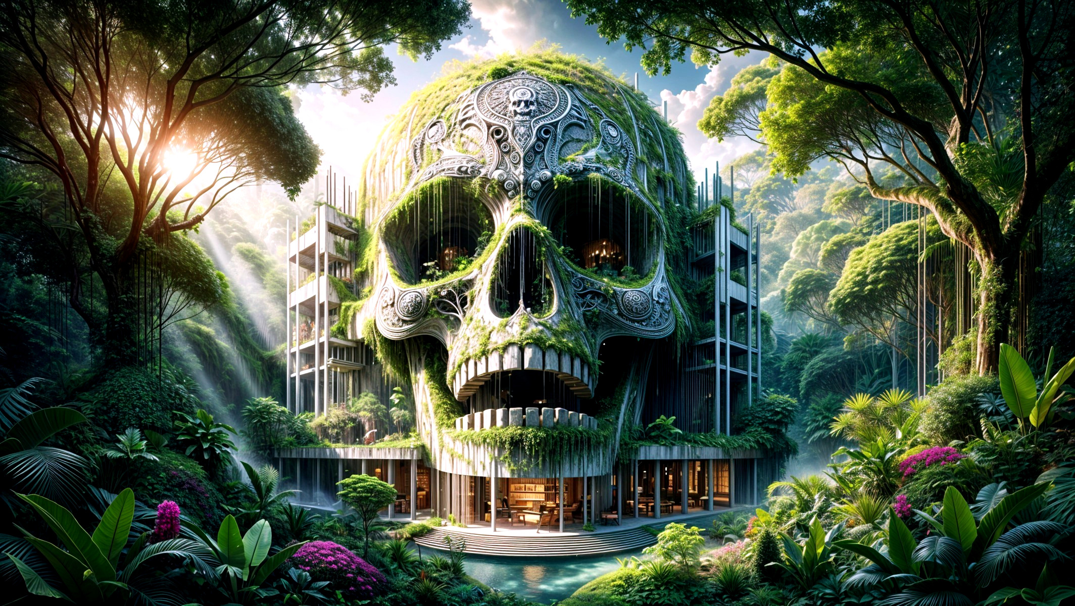 Skull-Shaped Structure in Tropical Landscape with Waterfalls