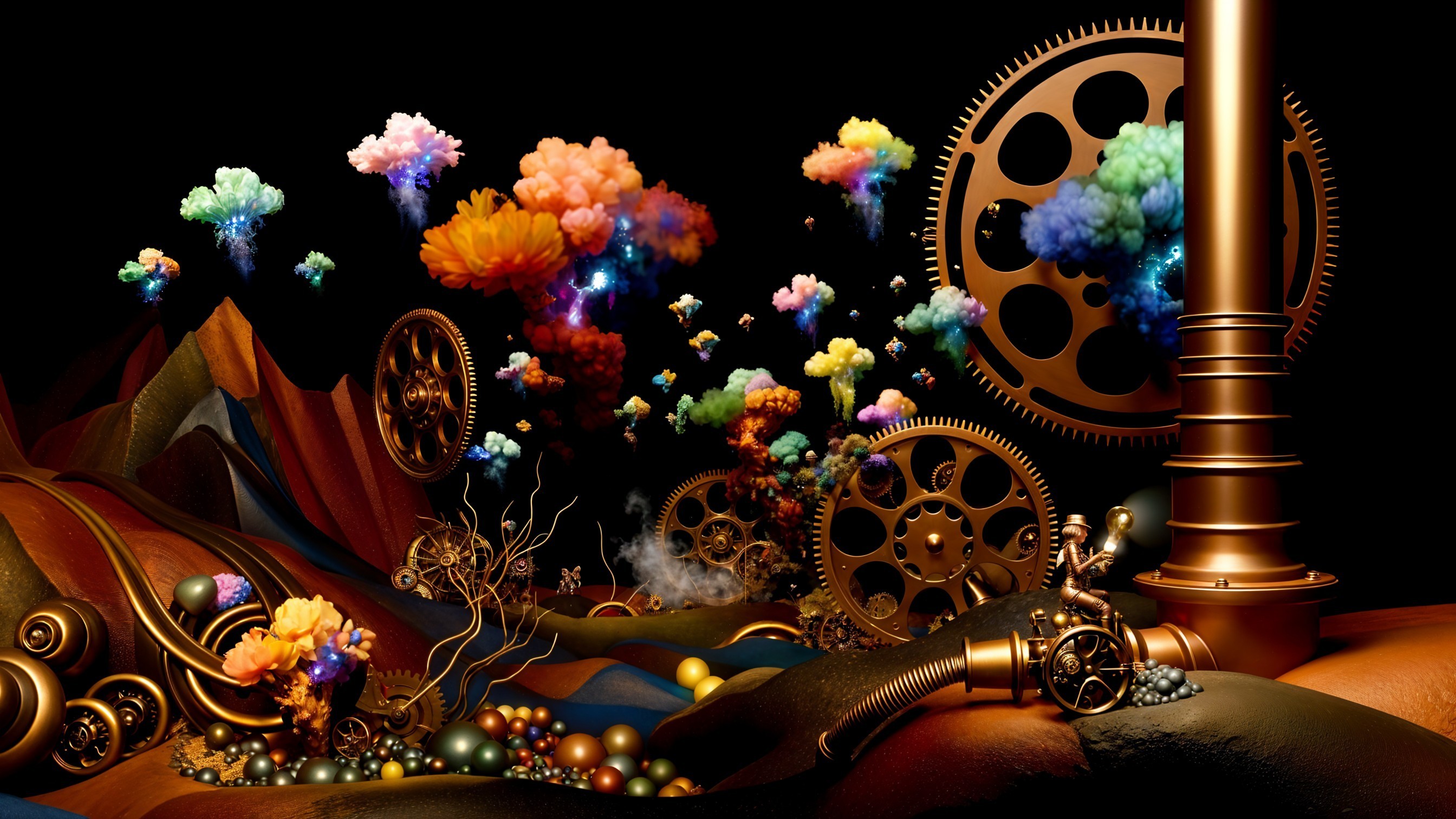 Surreal Landscape with Colorful Clouds and Gears