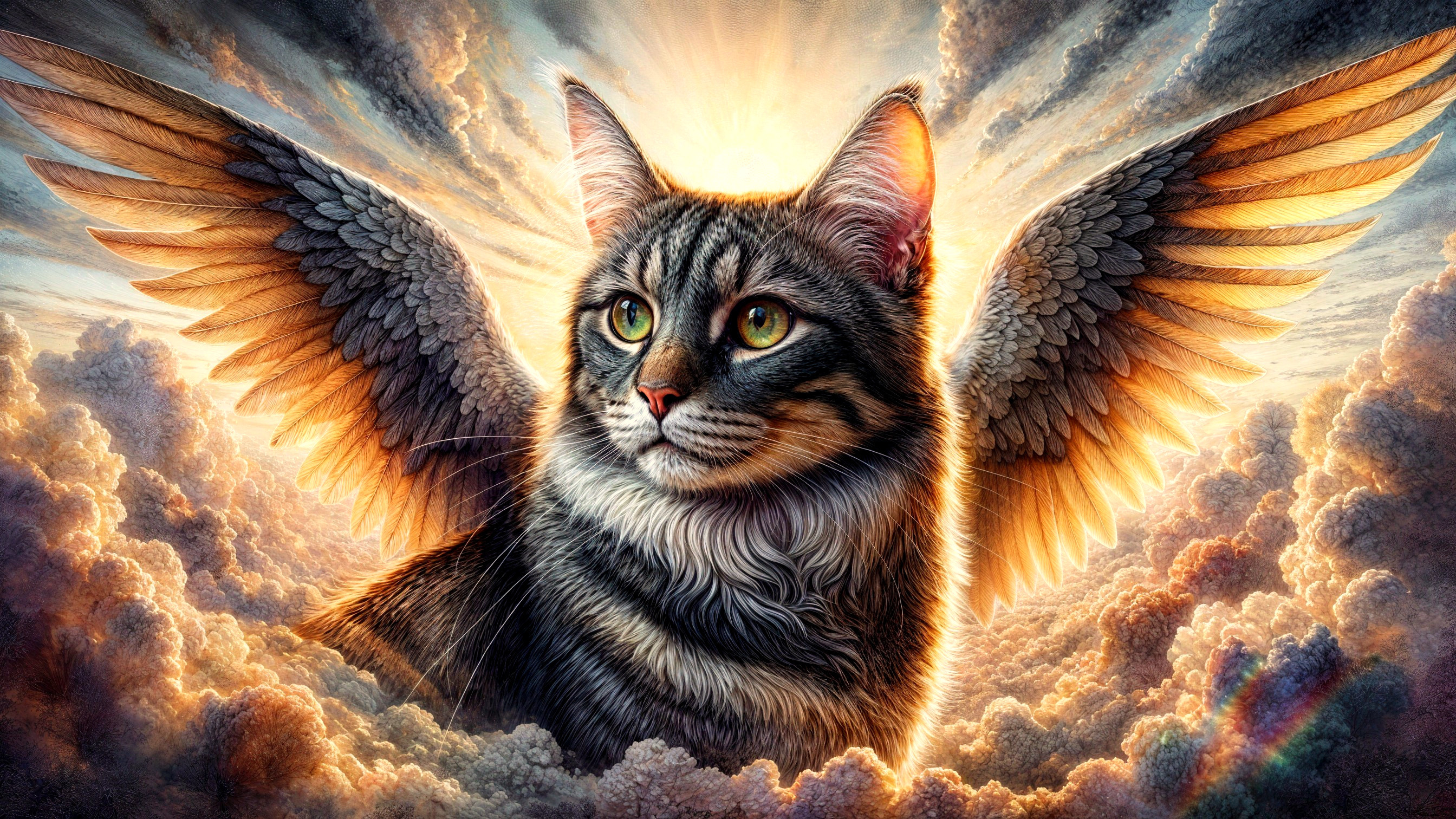 Majestic tabby cat with wings in a vibrant sky