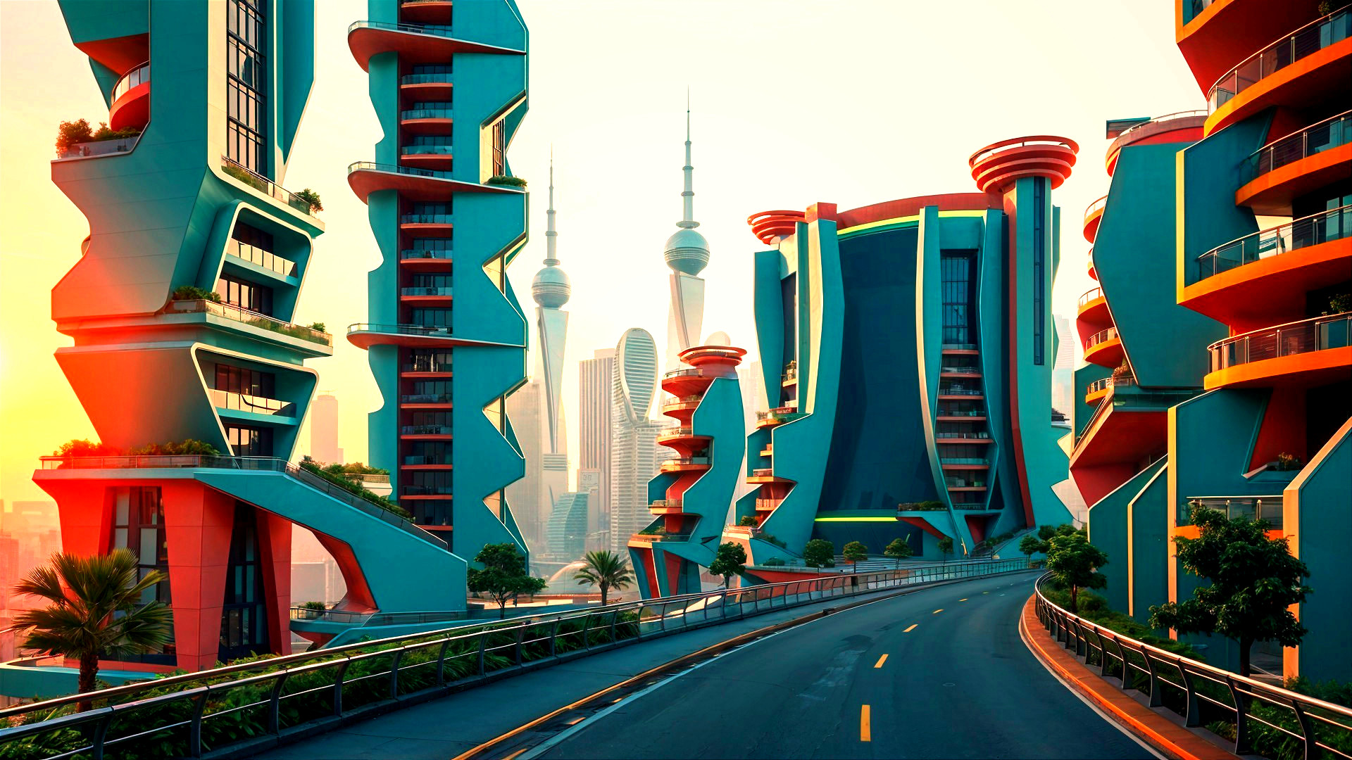 Futuristic cityscape with colorful skyscrapers and greenery