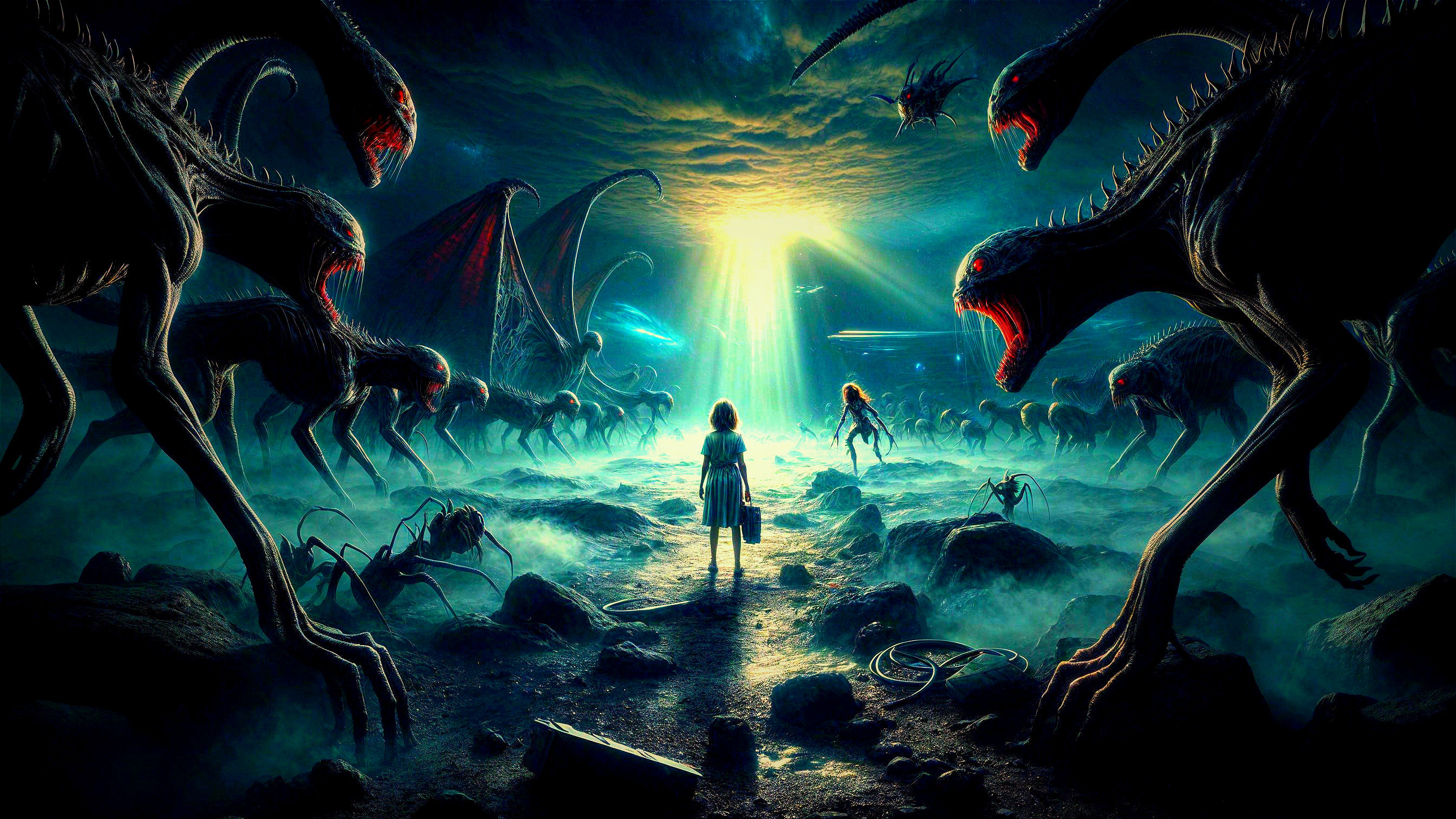 Child Confronts Sinister Creatures in Dark Landscape