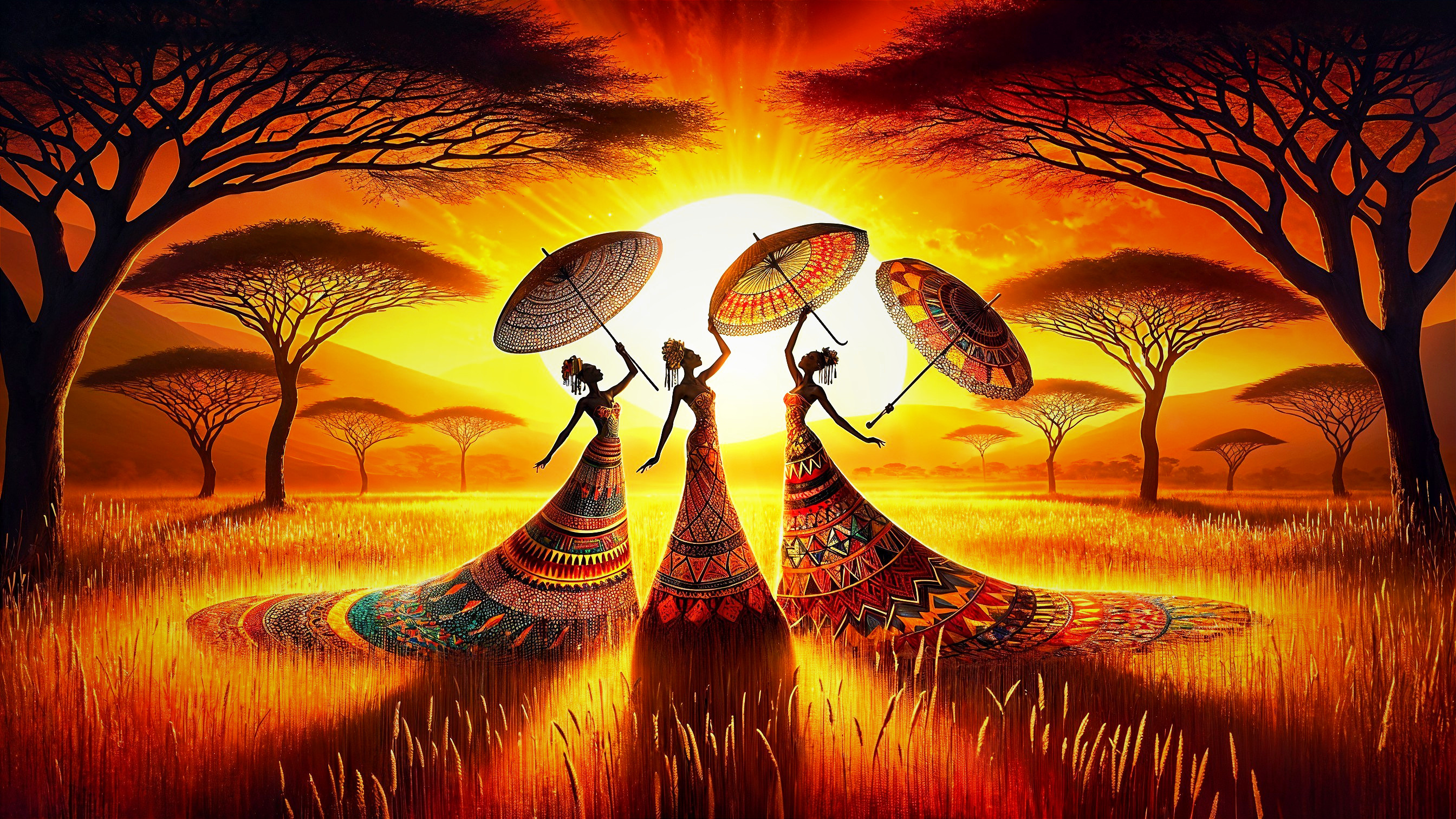 Traditional Dancers Under Sunset with Parasols