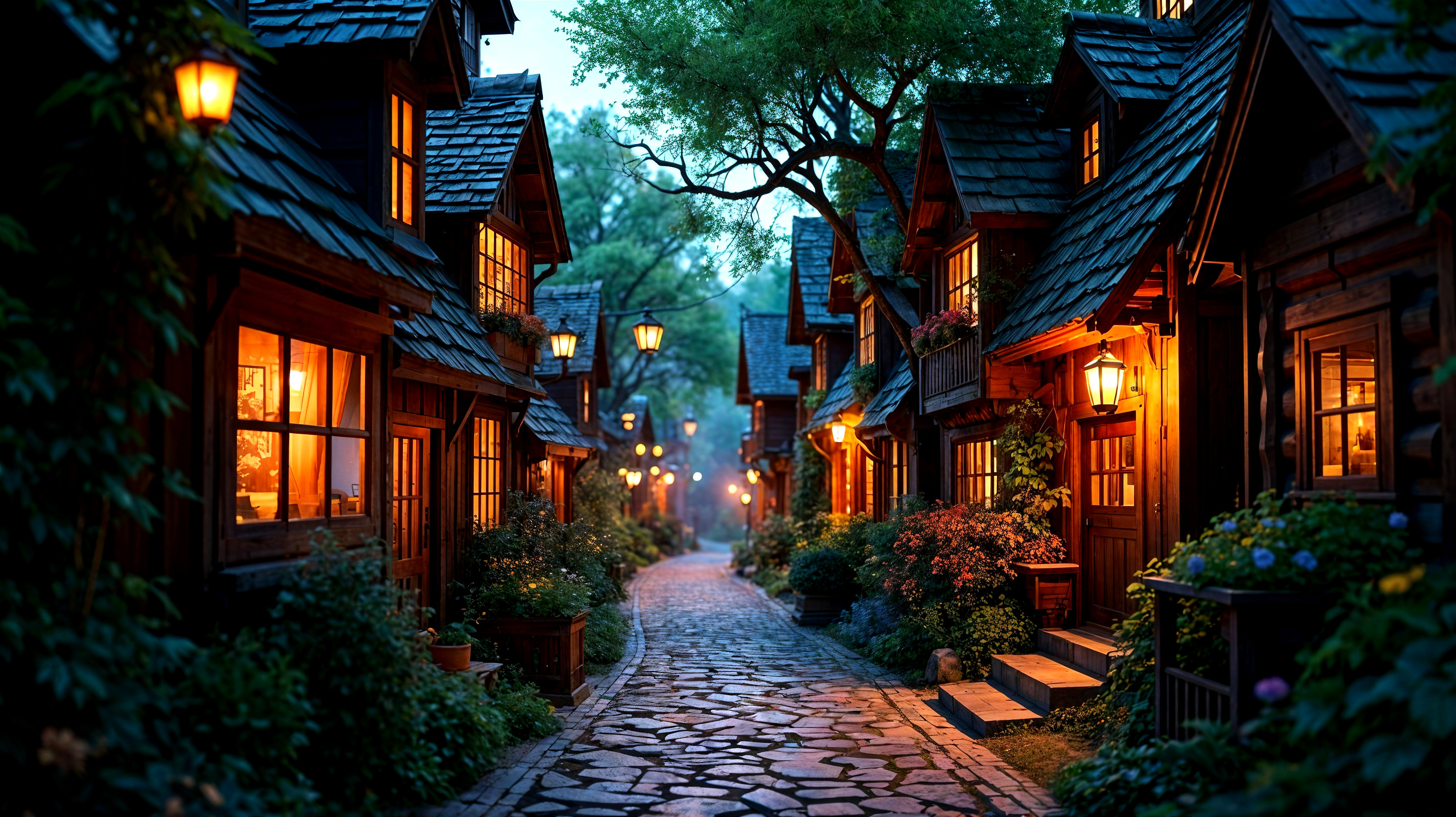 Narrow Cobblestone Street in Quaint Village at Twilight