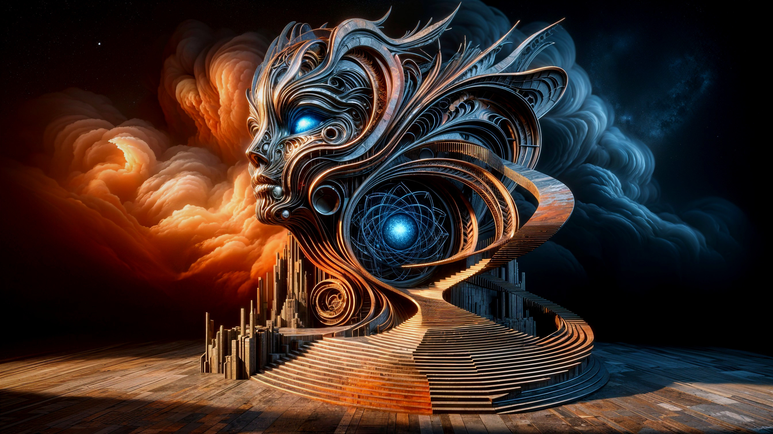 Surreal Landscape with Colossal Face and Vibrant Eyes