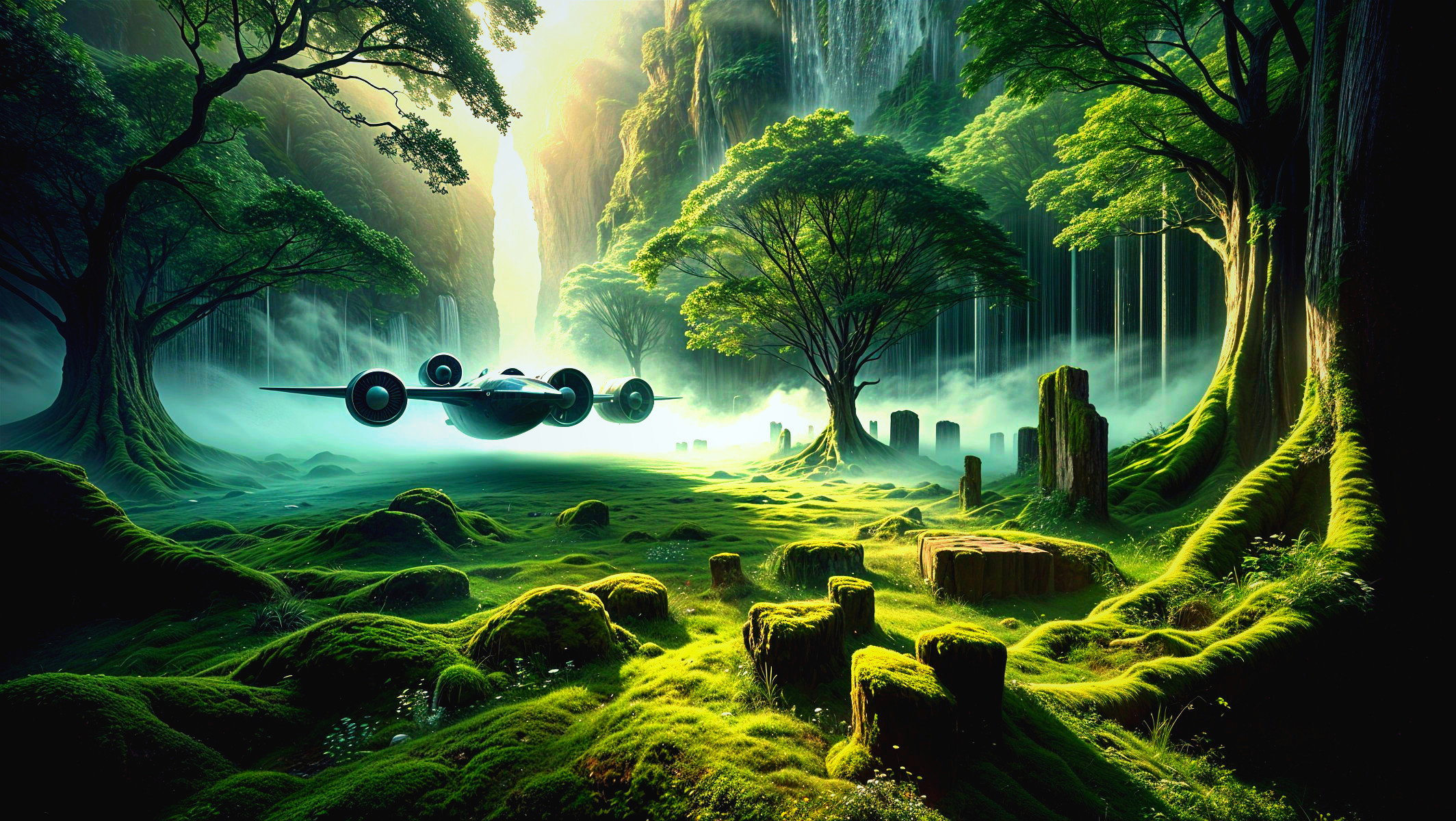 Futuristic spacecraft above a lush, ancient landscape