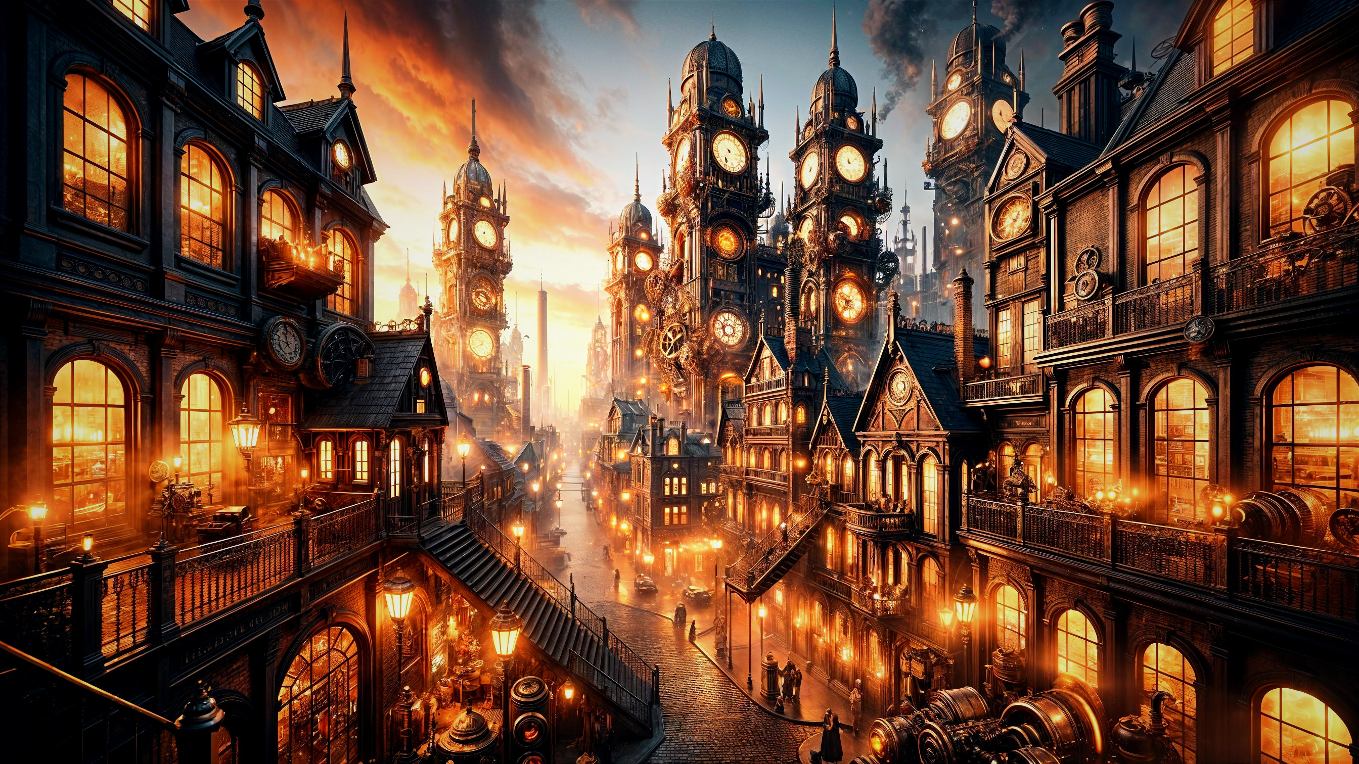 Steampunk Cityscape with Clock Towers and Vintage Lights