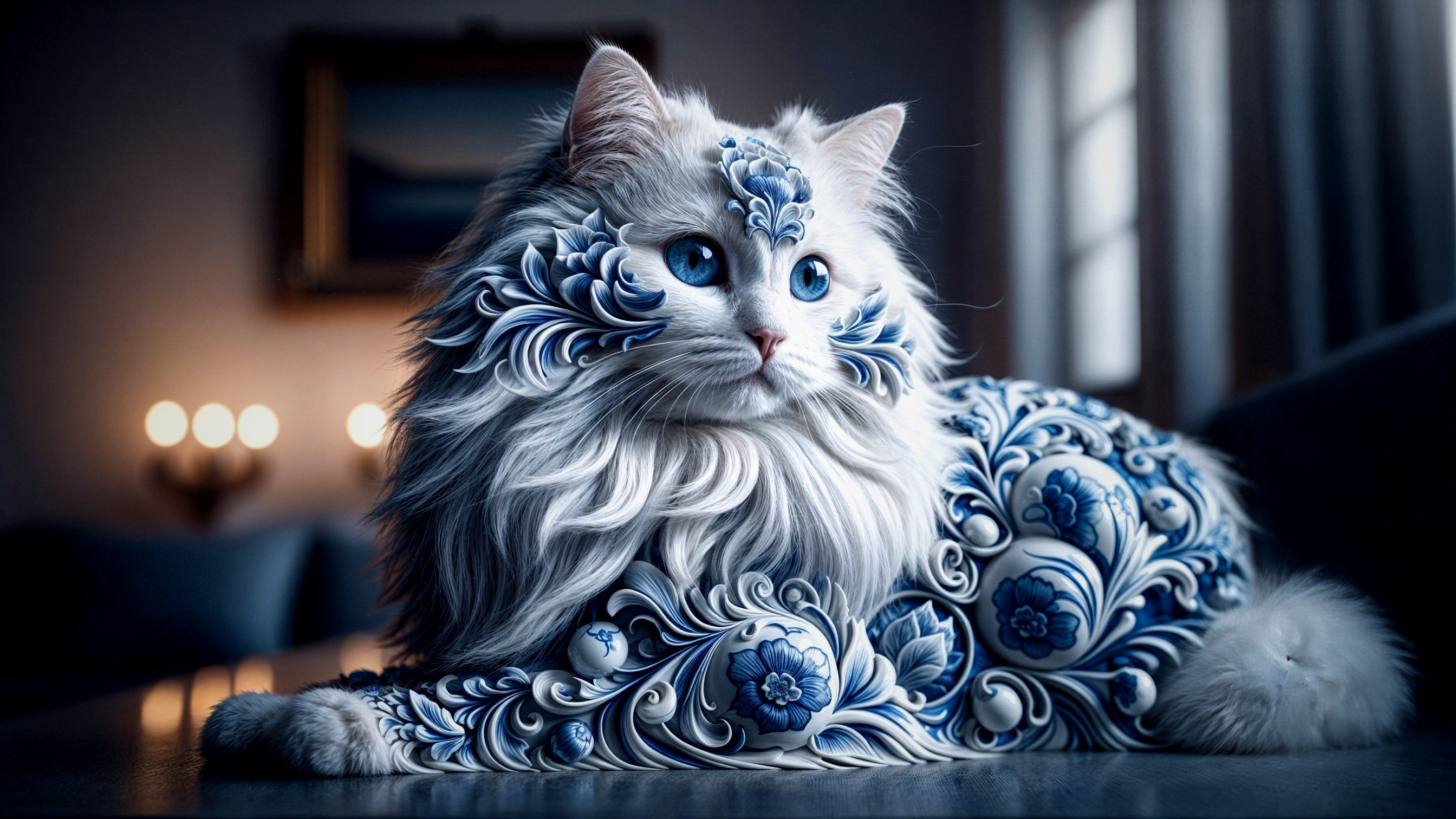 Majestic white cat with blue floral patterns and blue eyes