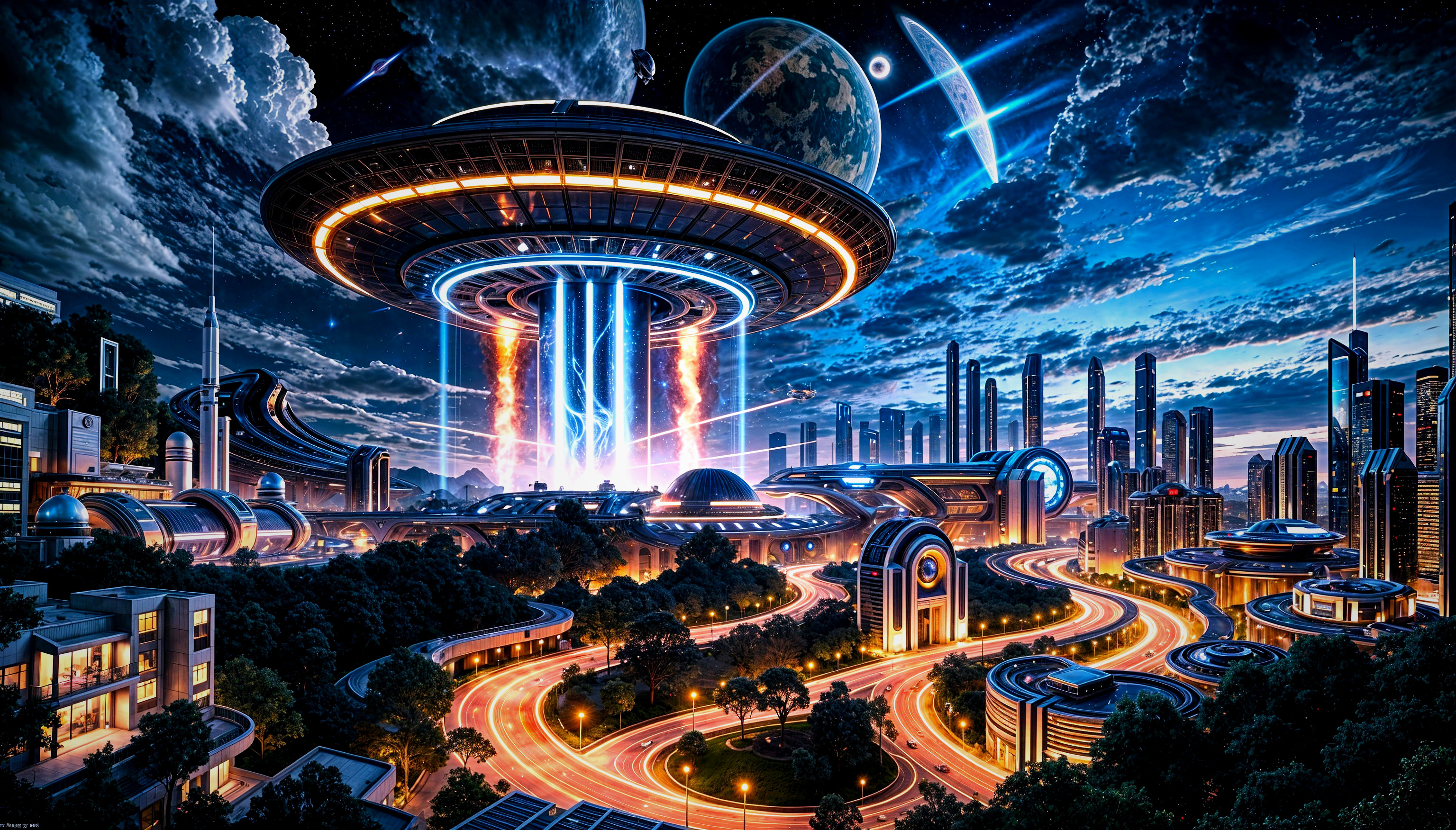 Futuristic cityscape with advanced technology and spaceships