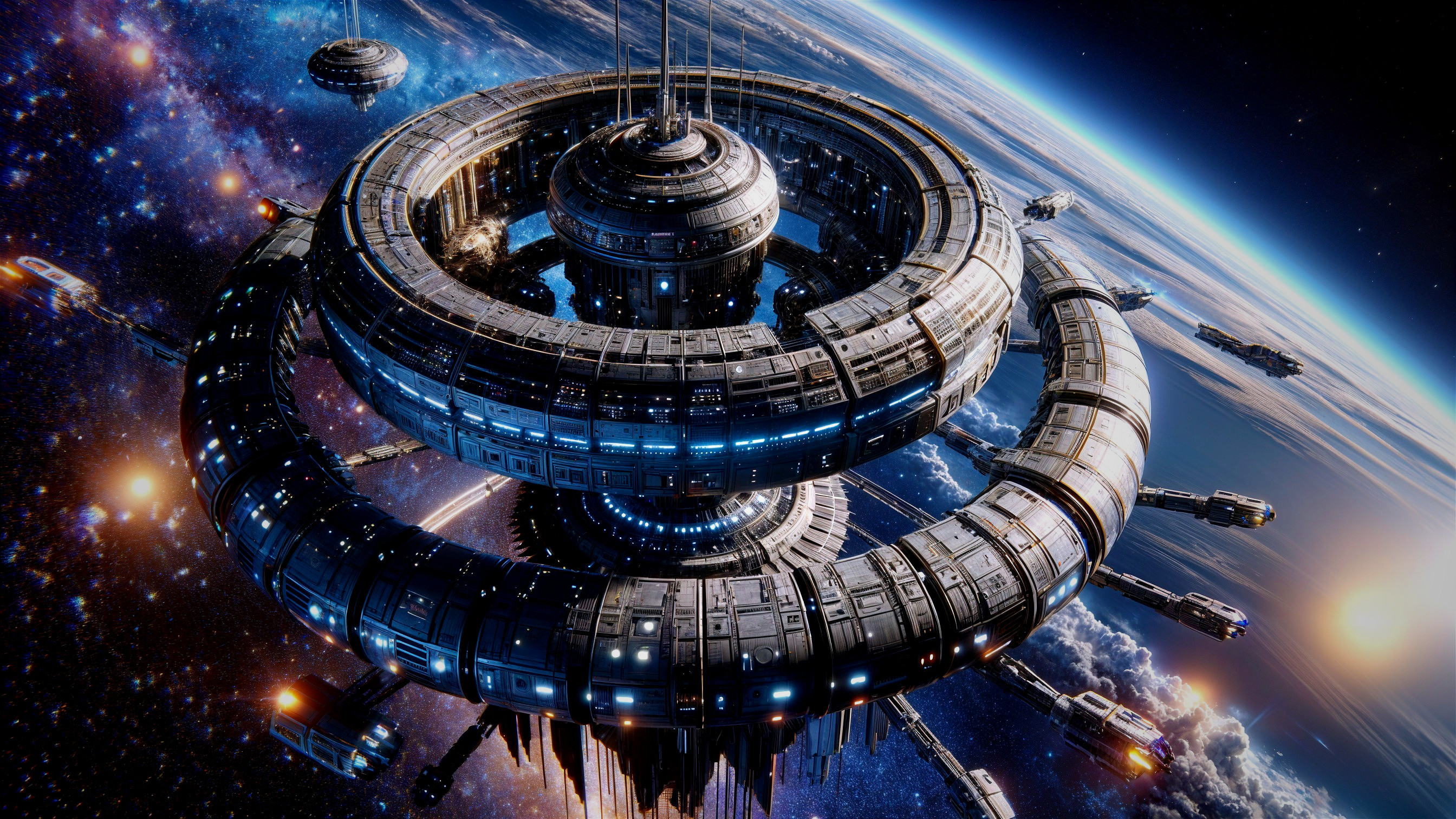 Futuristic Space Station Orbiting a Vibrant Planet