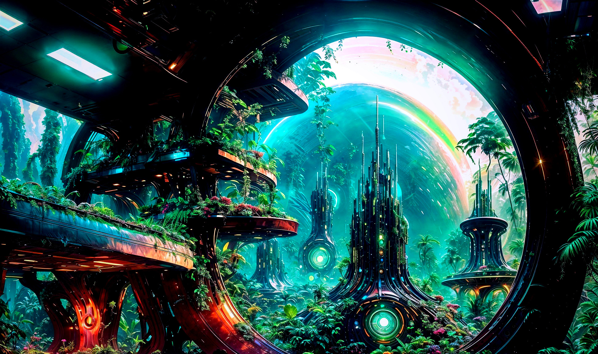 Futuristic landscape with luminescent structures and greenery